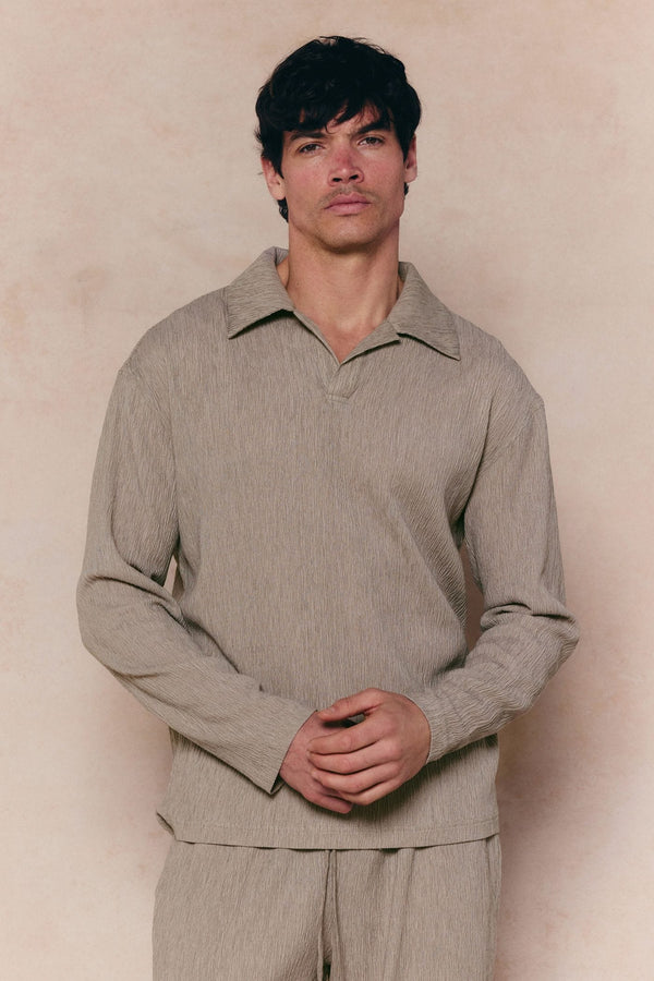 Arty Long Sleeve Open Collar Polo - Mushroom