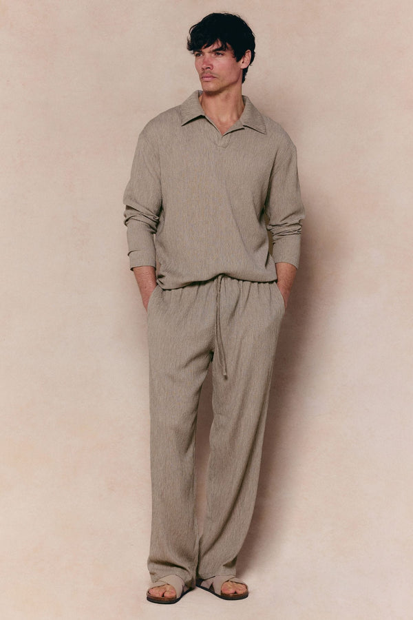 Arty Long Sleeve Open Collar Polo - Mushroom