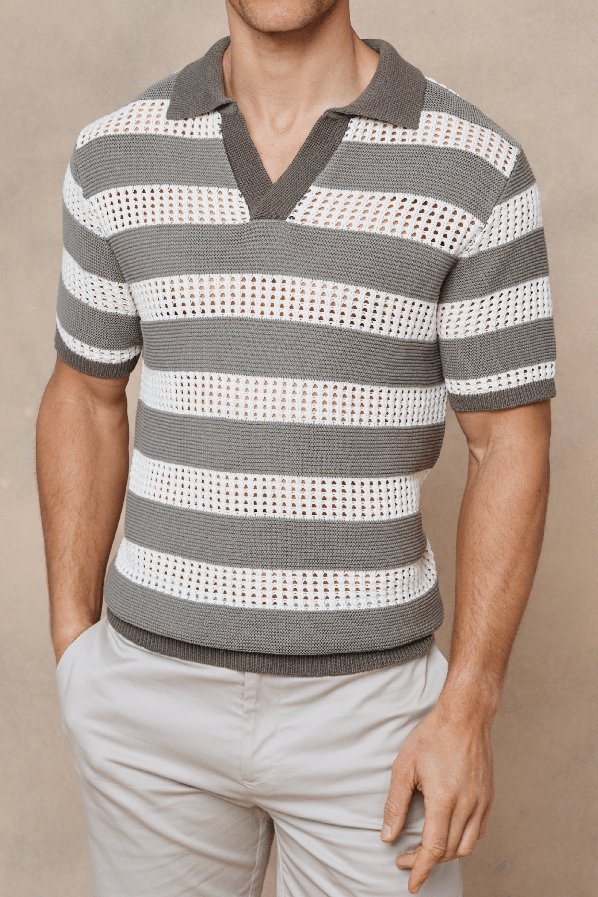 Frattina Crochet Cotton Knit Polo - Sage/Ecru