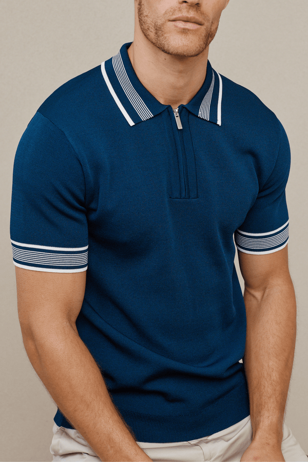 Vida Knitted Stripe Polo - Navy