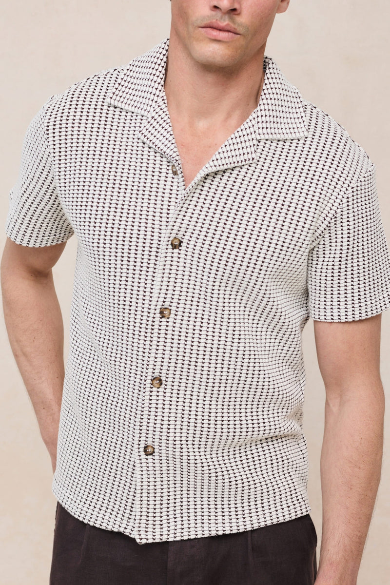 Marcos Patterned Waffle Short Sleeve Shirt - White/Brown