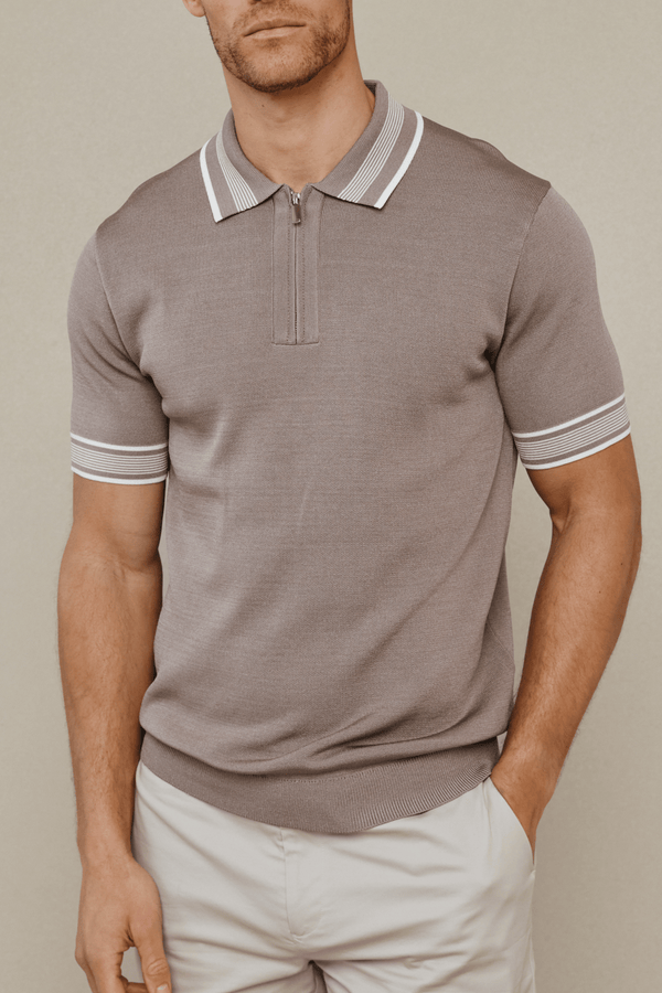 Vida Knitted Stripe Polo - Taupe