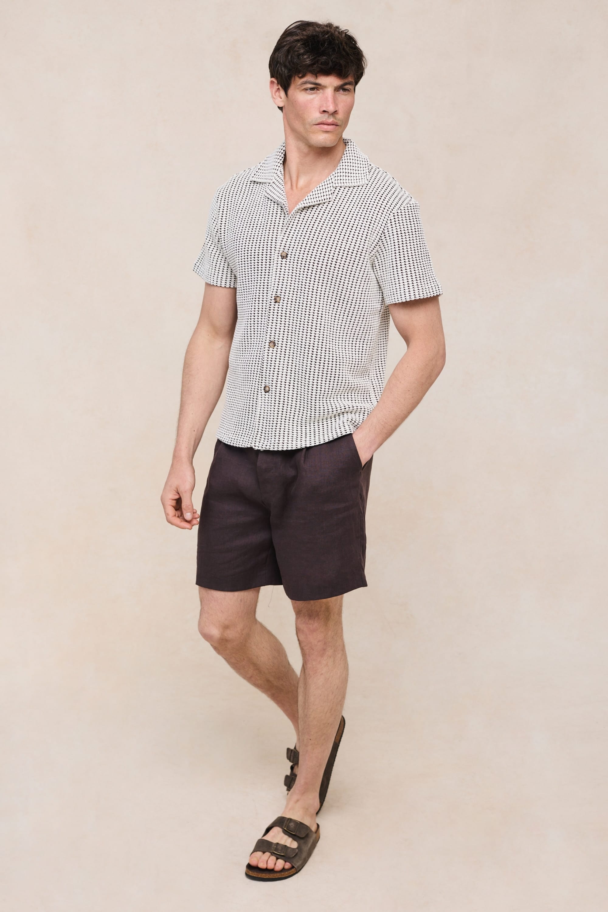 Marcos Patterned Waffle Short Sleeve Shirt - White/Brown