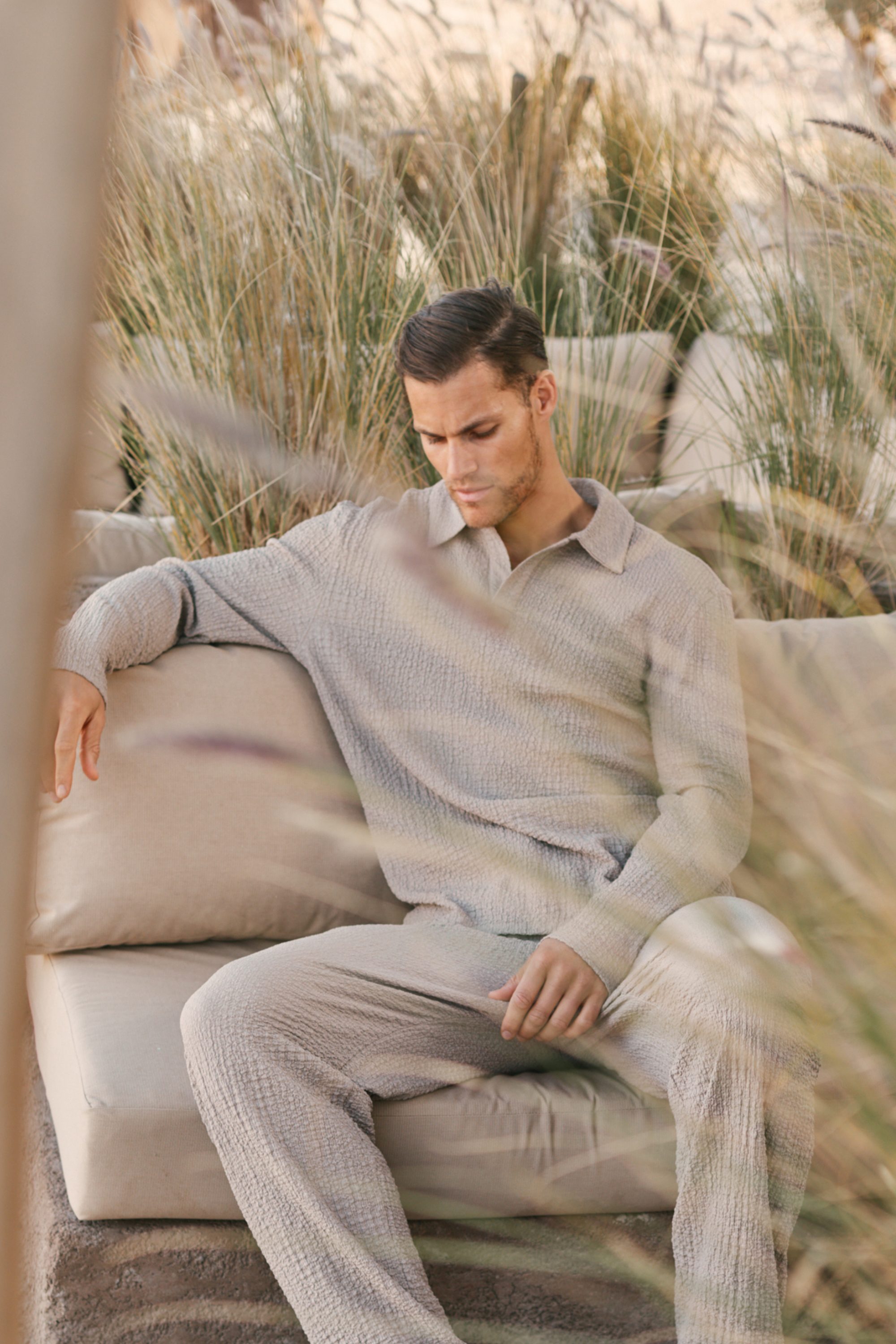 Artie Ruched Textured Long Sleeve Polo Shirt - Mushroom
