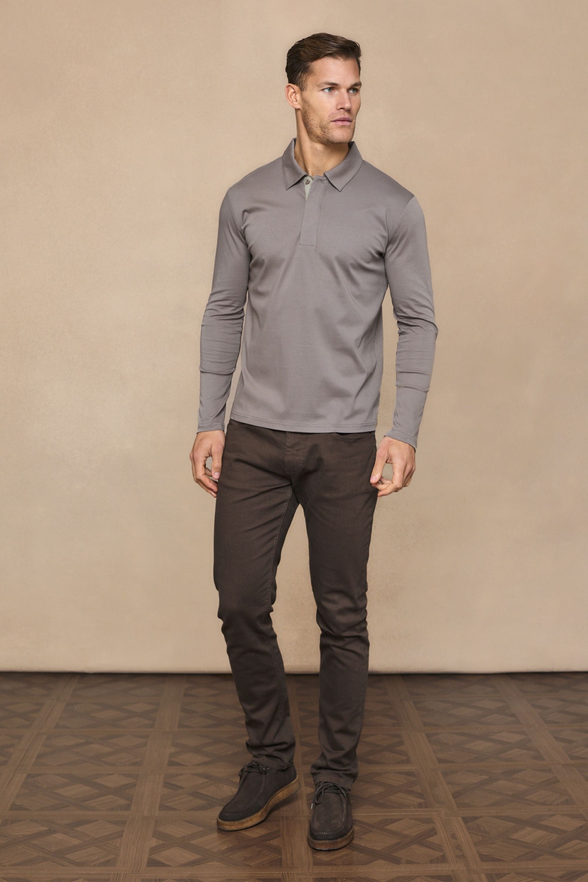 Santi Long Sleeve Mercerised Polo Shirt - Mushroom