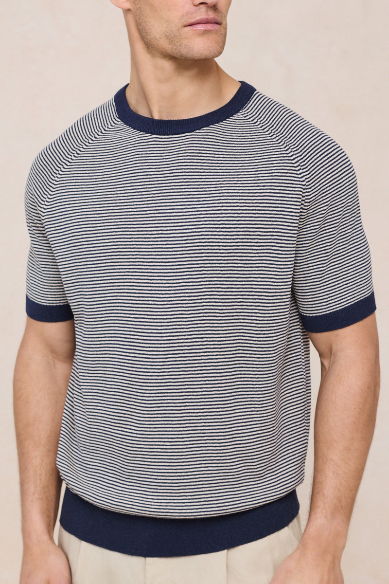Rafael Linen Striped Crew Neck T-Shirt - Navy/Beige