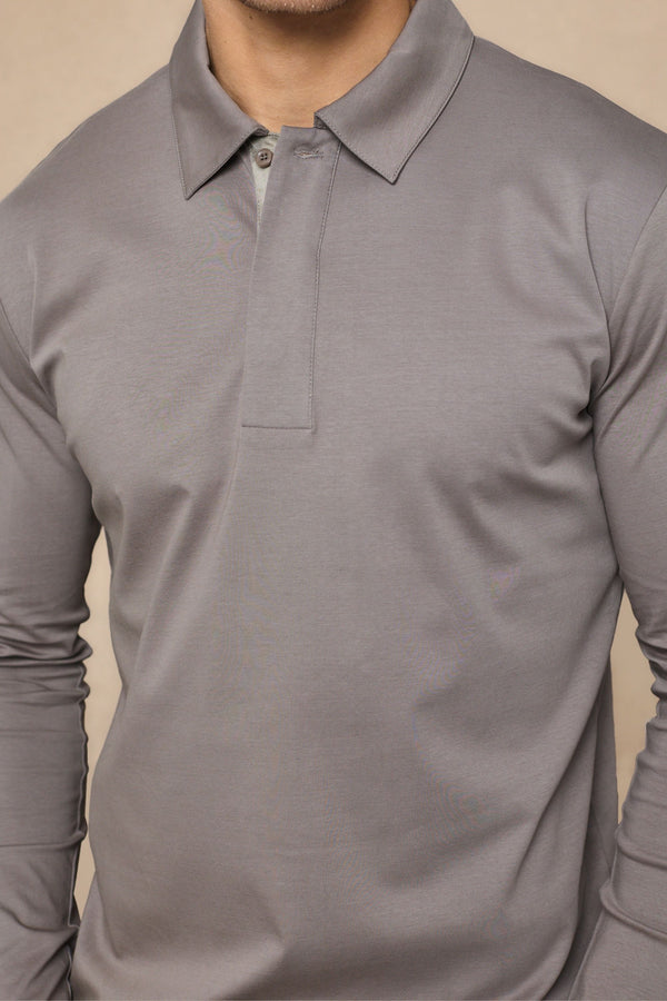 Santi Long Sleeve Mercerised Polo Shirt - Mushroom