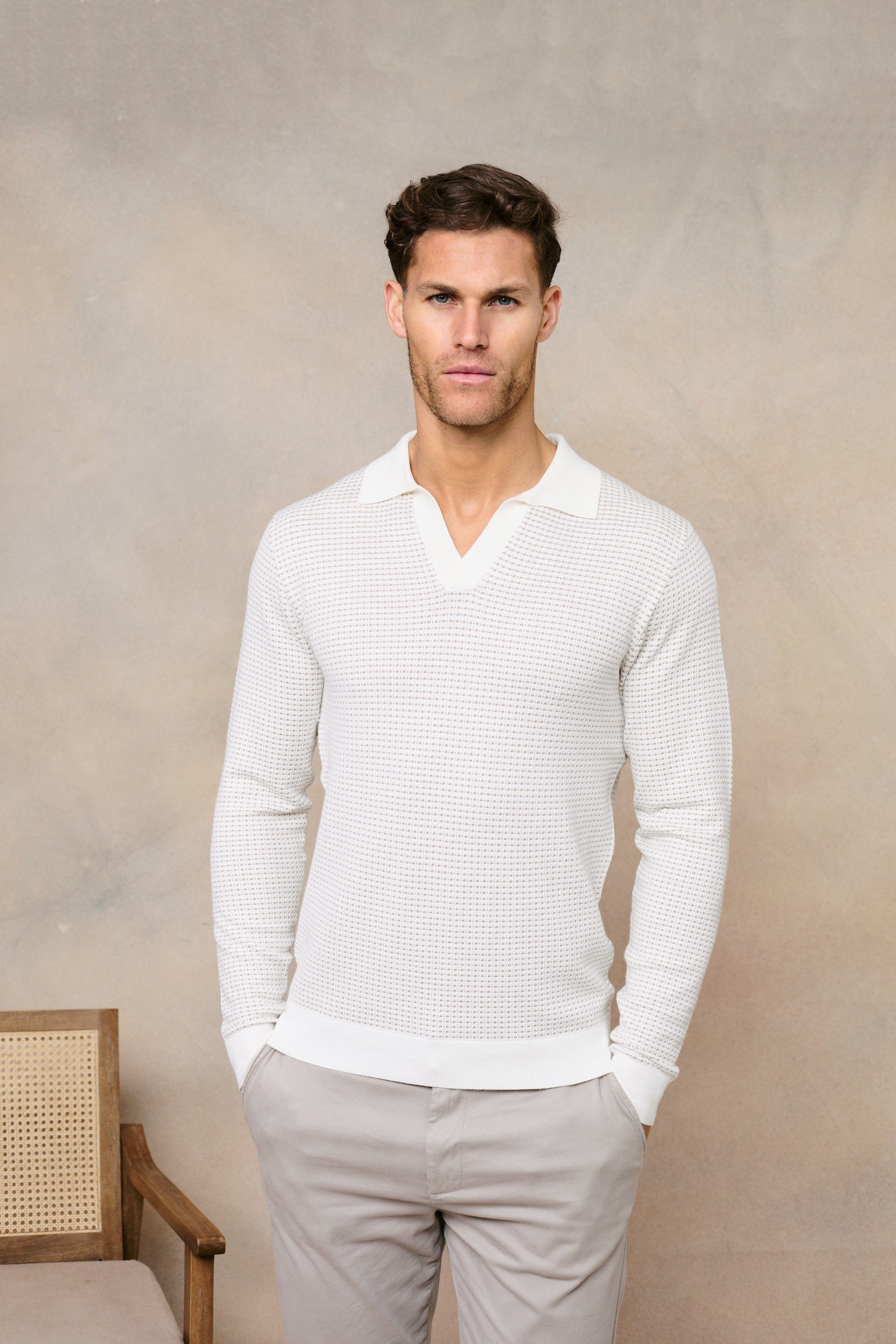 Kai Textured Long Sleeve Open Collar Polo - Beige/Ecru