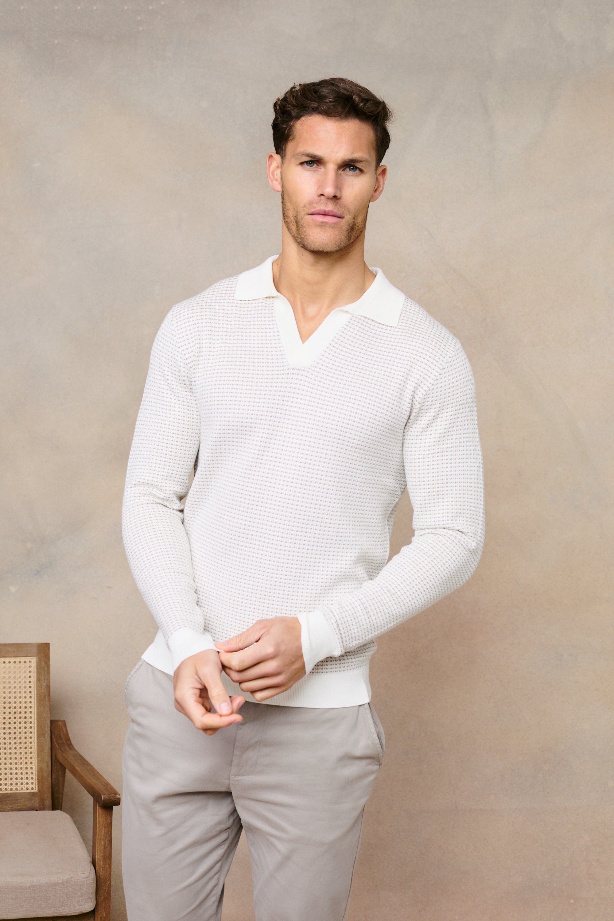 Kai Textured Long Sleeve Open Collar Polo - Beige/Ecru