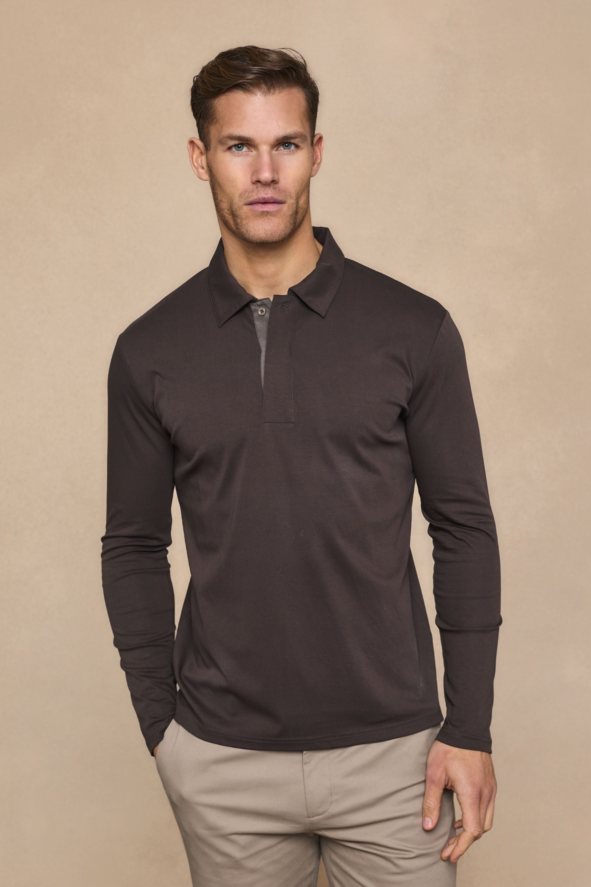 Santi Long Sleeve Mercerised Polo Shirt - Brown
