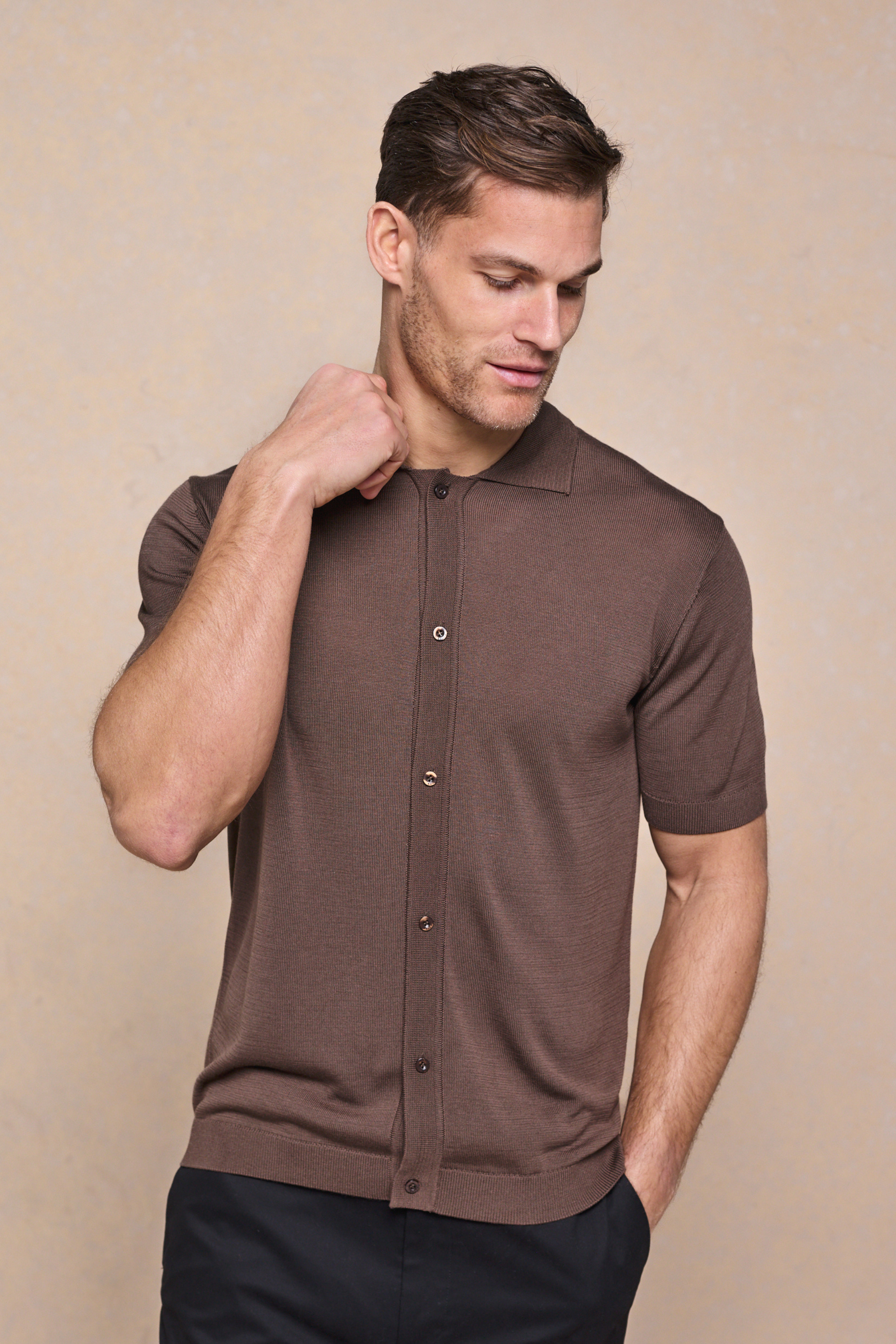 Pedro Button Through Short Sleeve Knitted Shirt - Brown