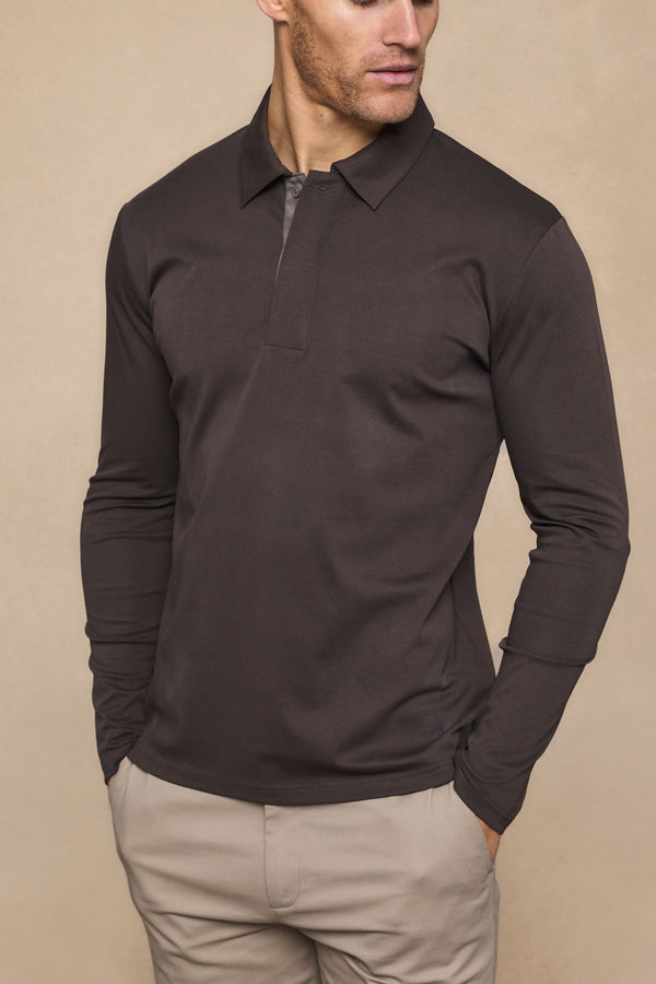 Santi Long Sleeve Mercerised Polo Shirt - Brown