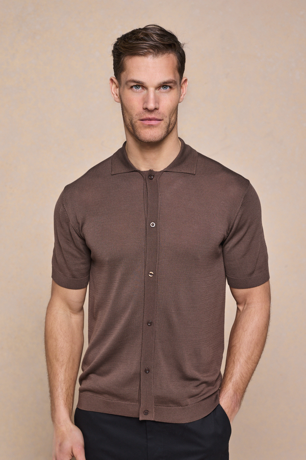 Pedro Button Through Short Sleeve Knitted Shirt - Brown