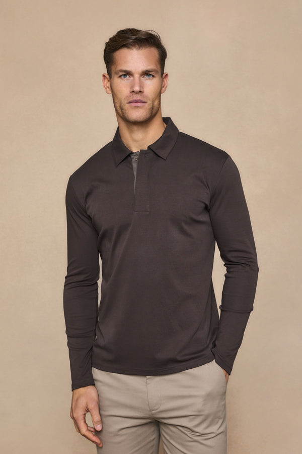 Santi Long Sleeve Mercerised Polo Shirt - Brown