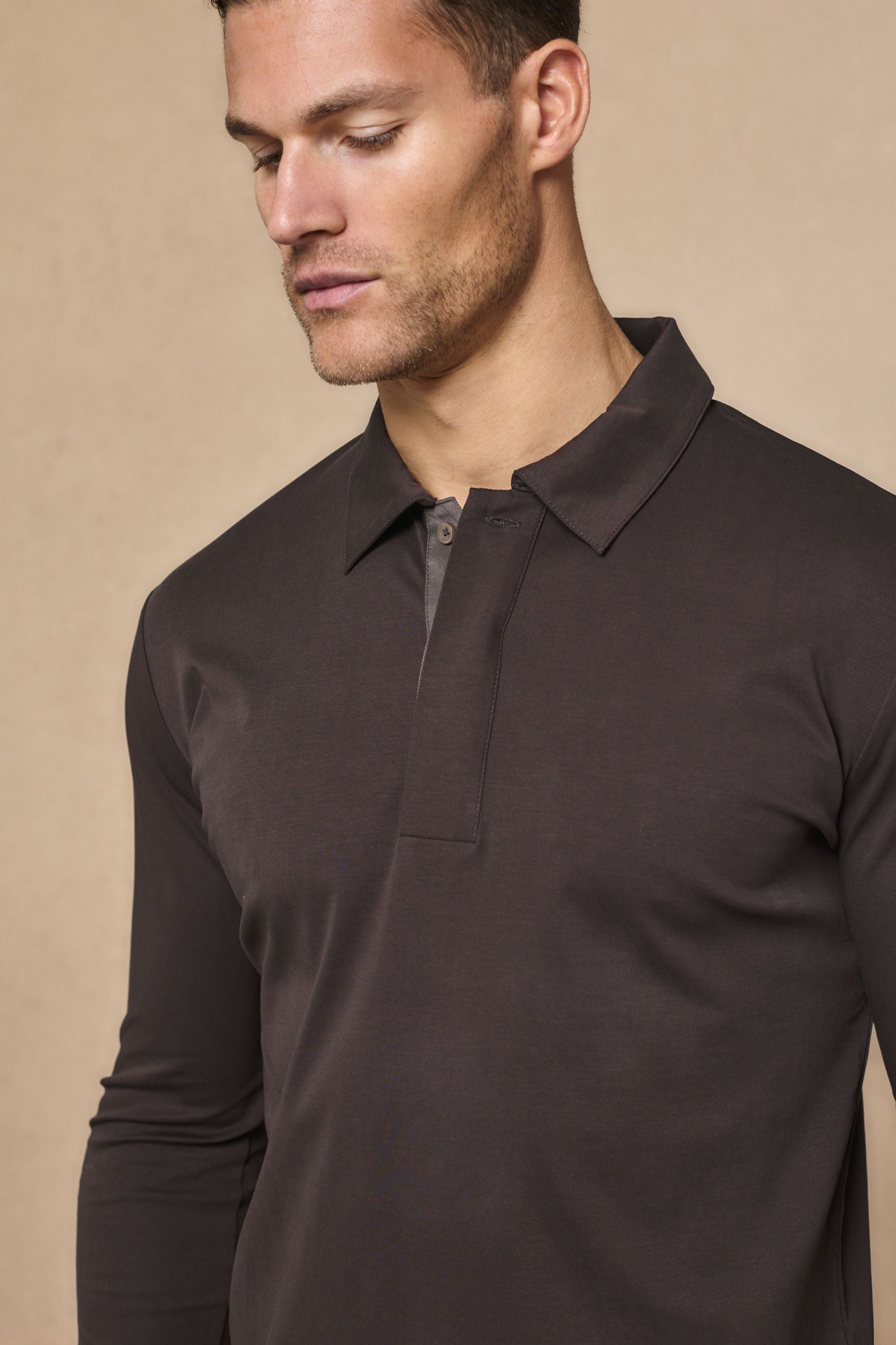 Santi Long Sleeve Mercerised Polo Shirt - Brown