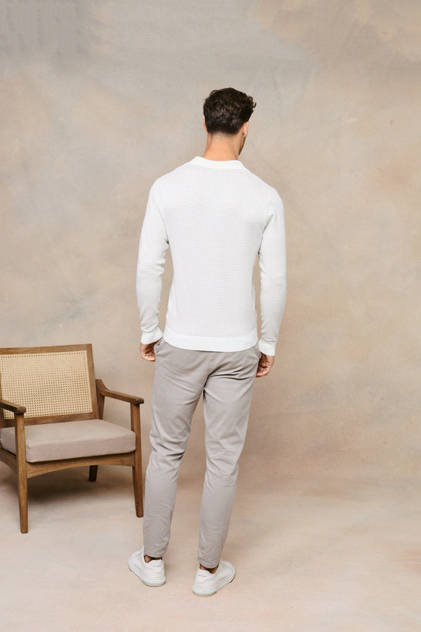 Kai Textured Long Sleeve Open Collar Polo - Beige/Ecru