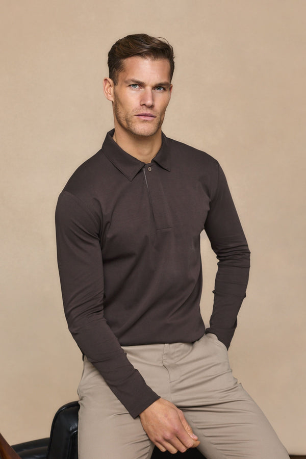 Santi Long Sleeve Mercerised Polo Shirt - Brown