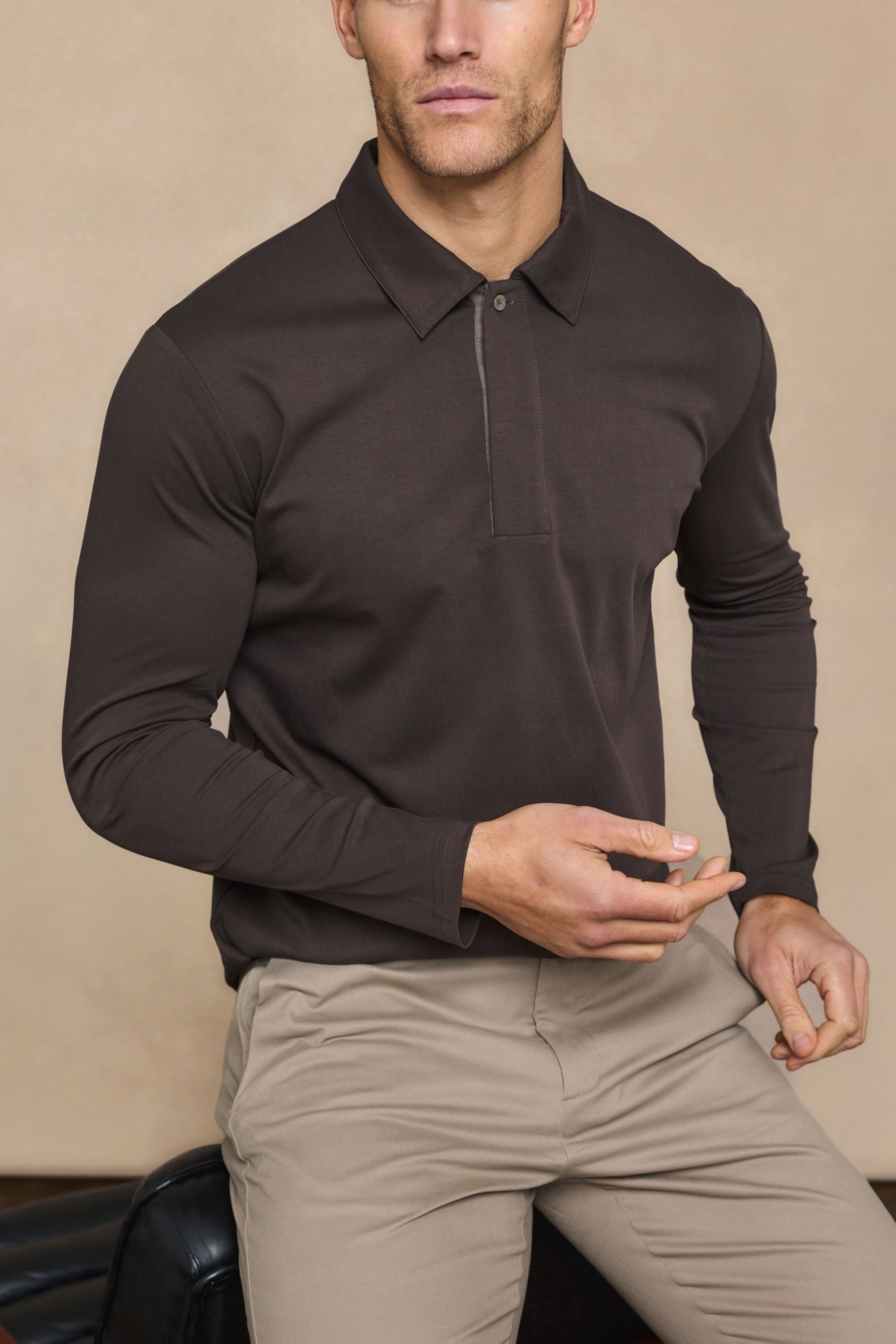 Santi Long Sleeve Mercerised Polo Shirt - Brown