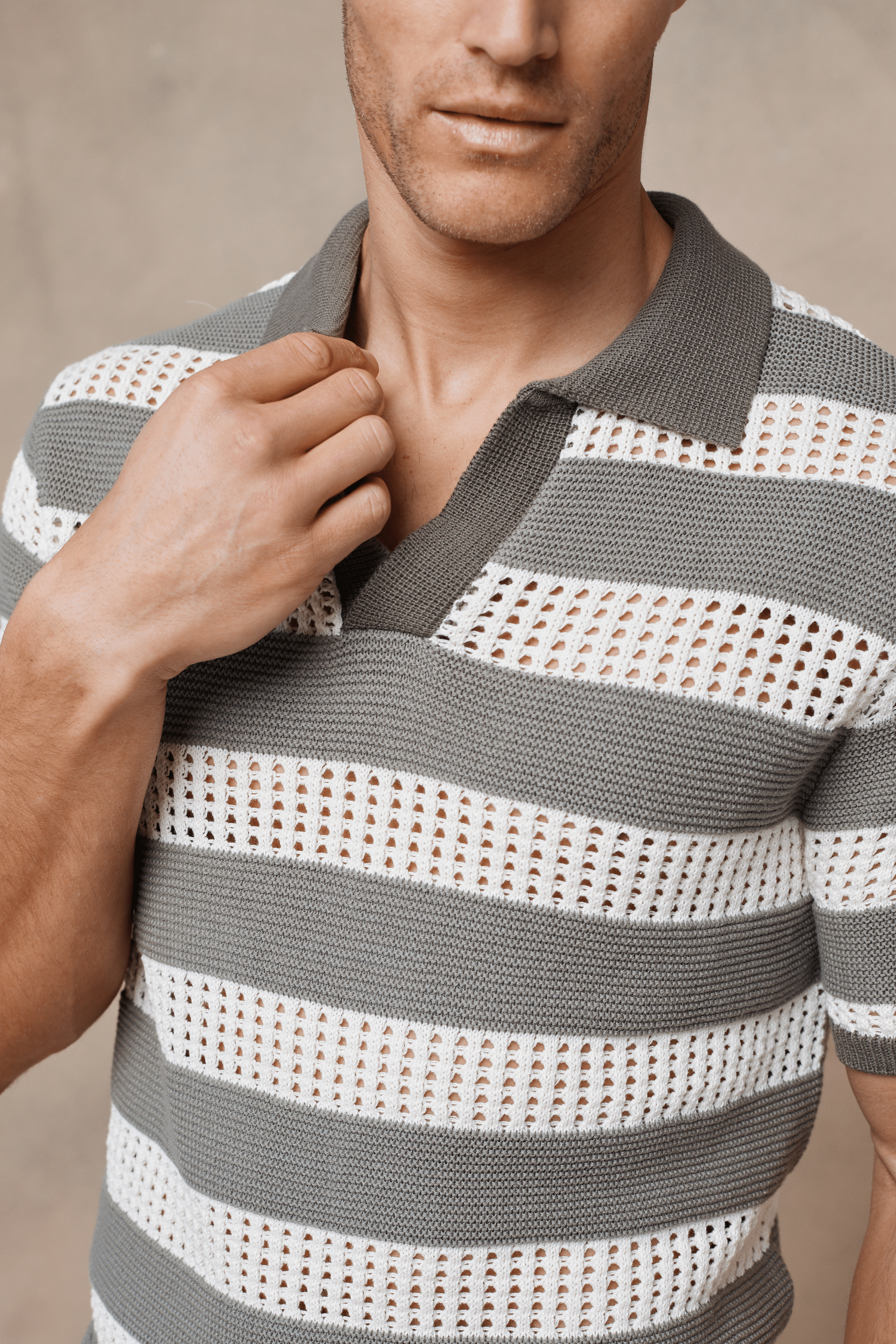 Frattina Crochet Cotton Knit Polo - Sage/Ecru