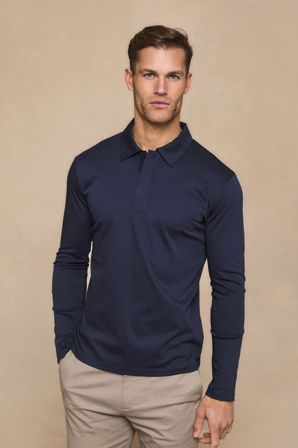 Santi Long Sleeve Mercerised Polo Shirt - Navy