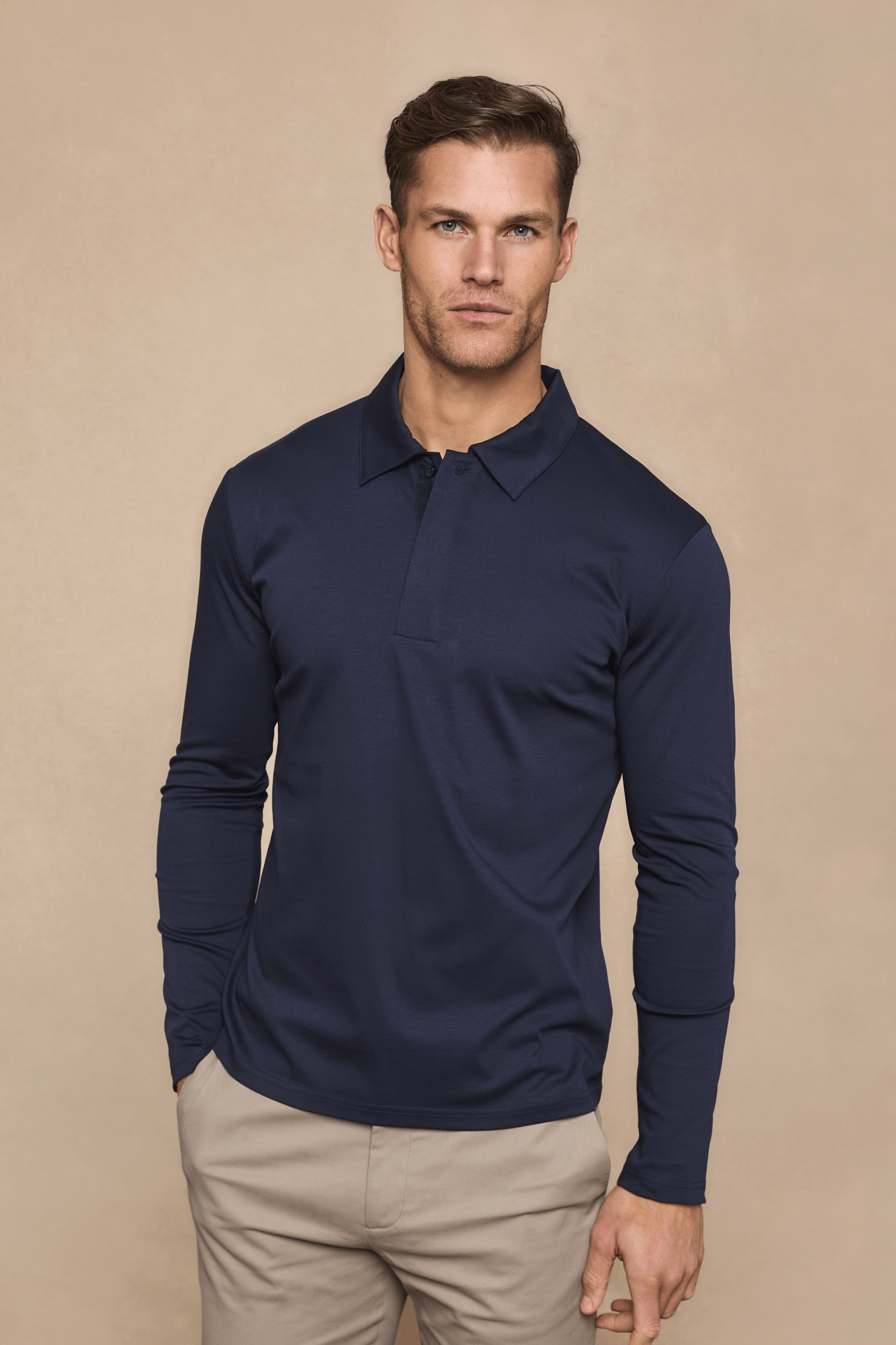 Santi Long Sleeve Mercerised Polo Shirt - Navy