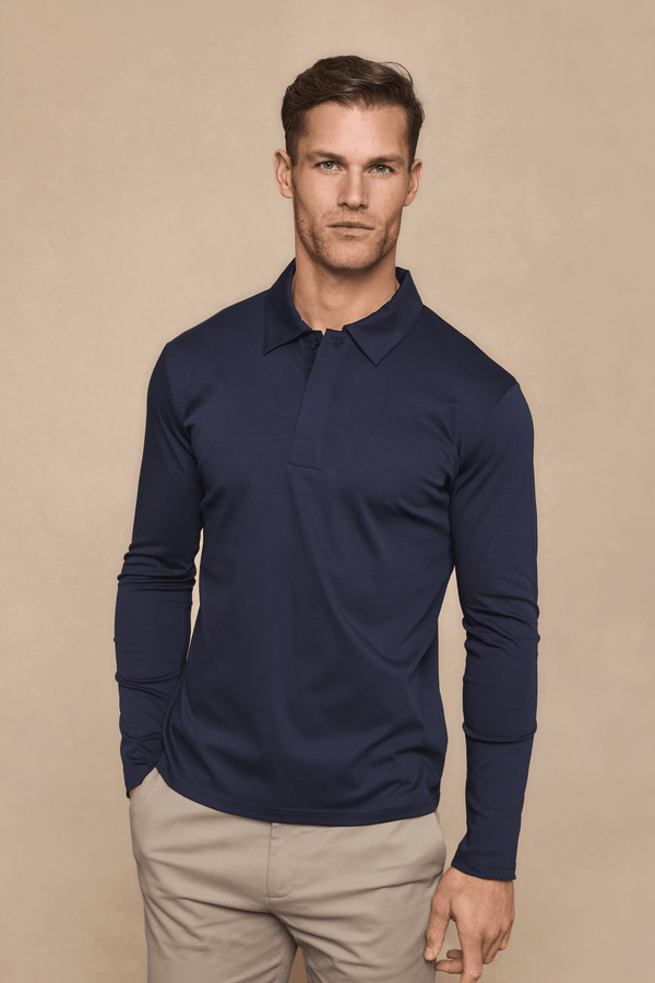 Santi Long Sleeve Mercerised Polo Shirt - Navy