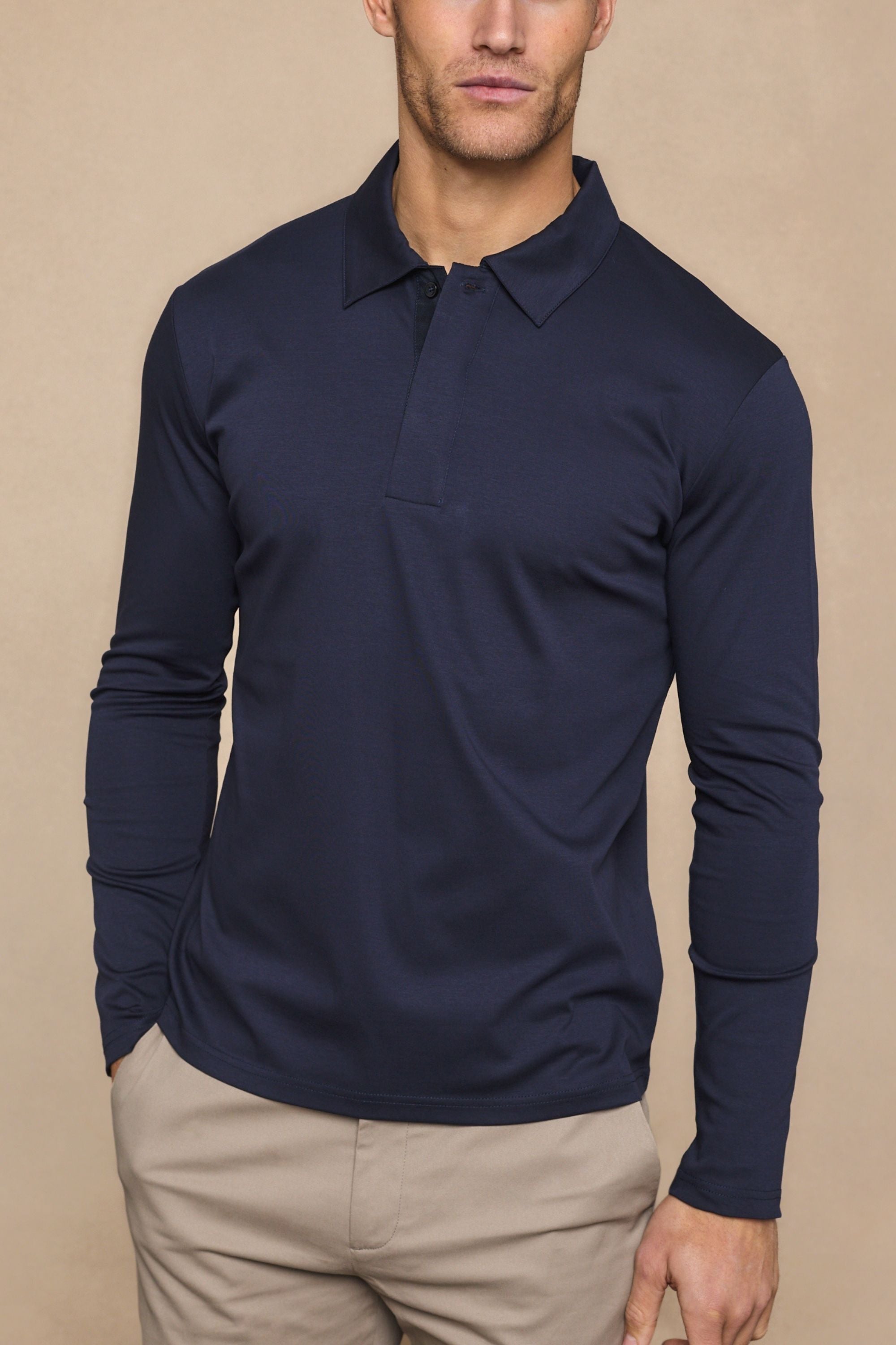 Santi Long Sleeve Mercerised Polo Shirt - Navy