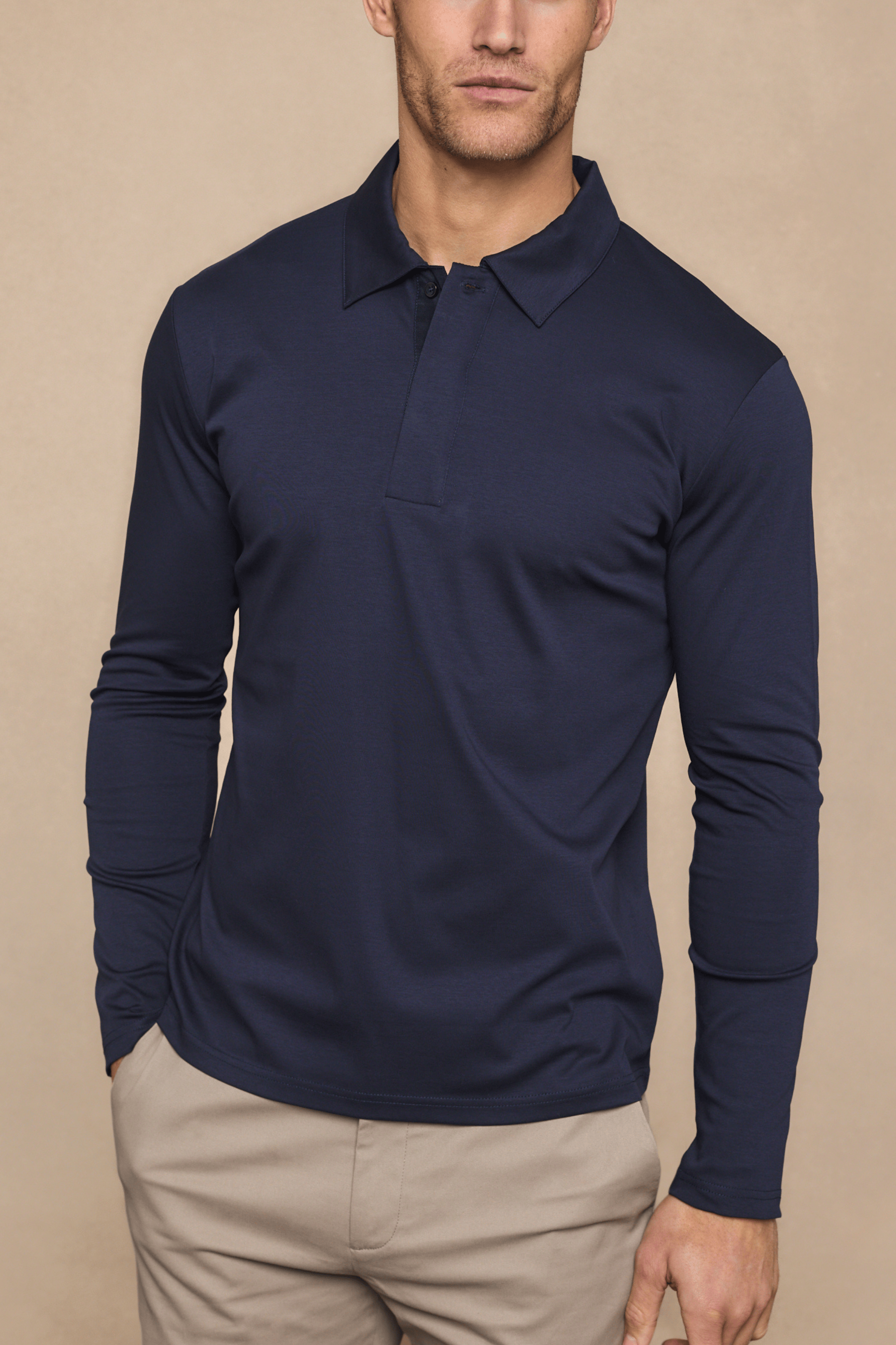 Santi Long Sleeve Mercerised Polo Shirt - Navy