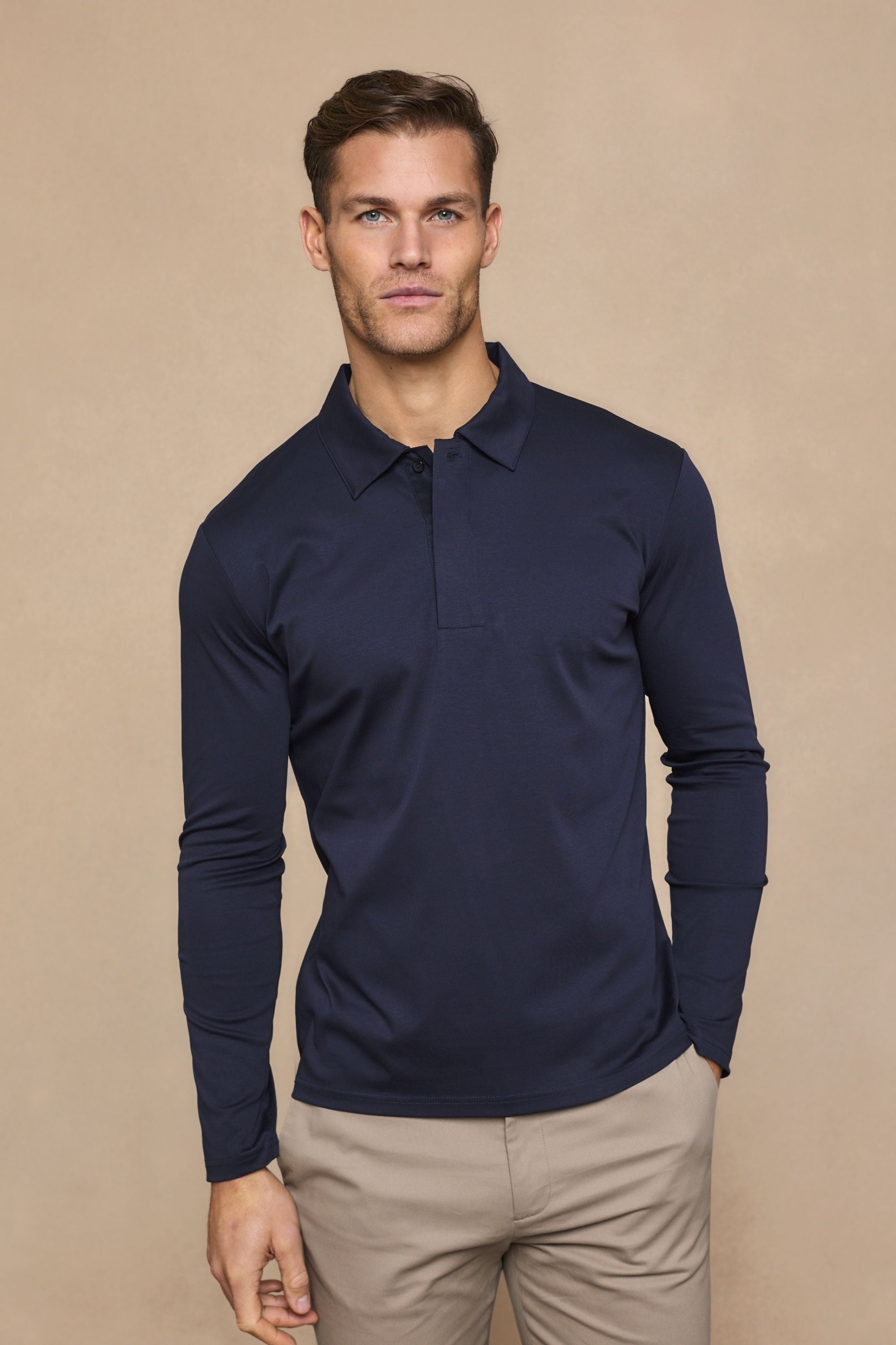 Santi Long Sleeve Mercerised Polo Shirt - Navy