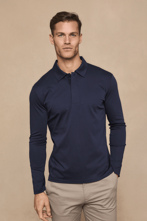 Santi Long Sleeve Mercerised Polo Shirt - Navy