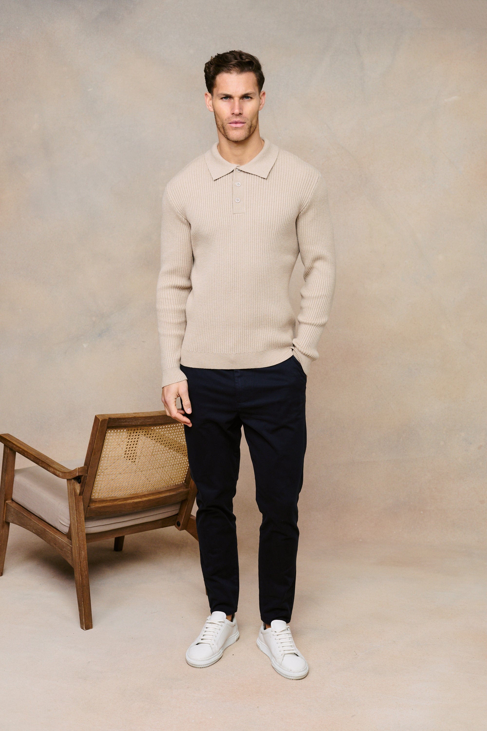 Ethan Ribbed Knitted Long Sleeve Polo - Beige