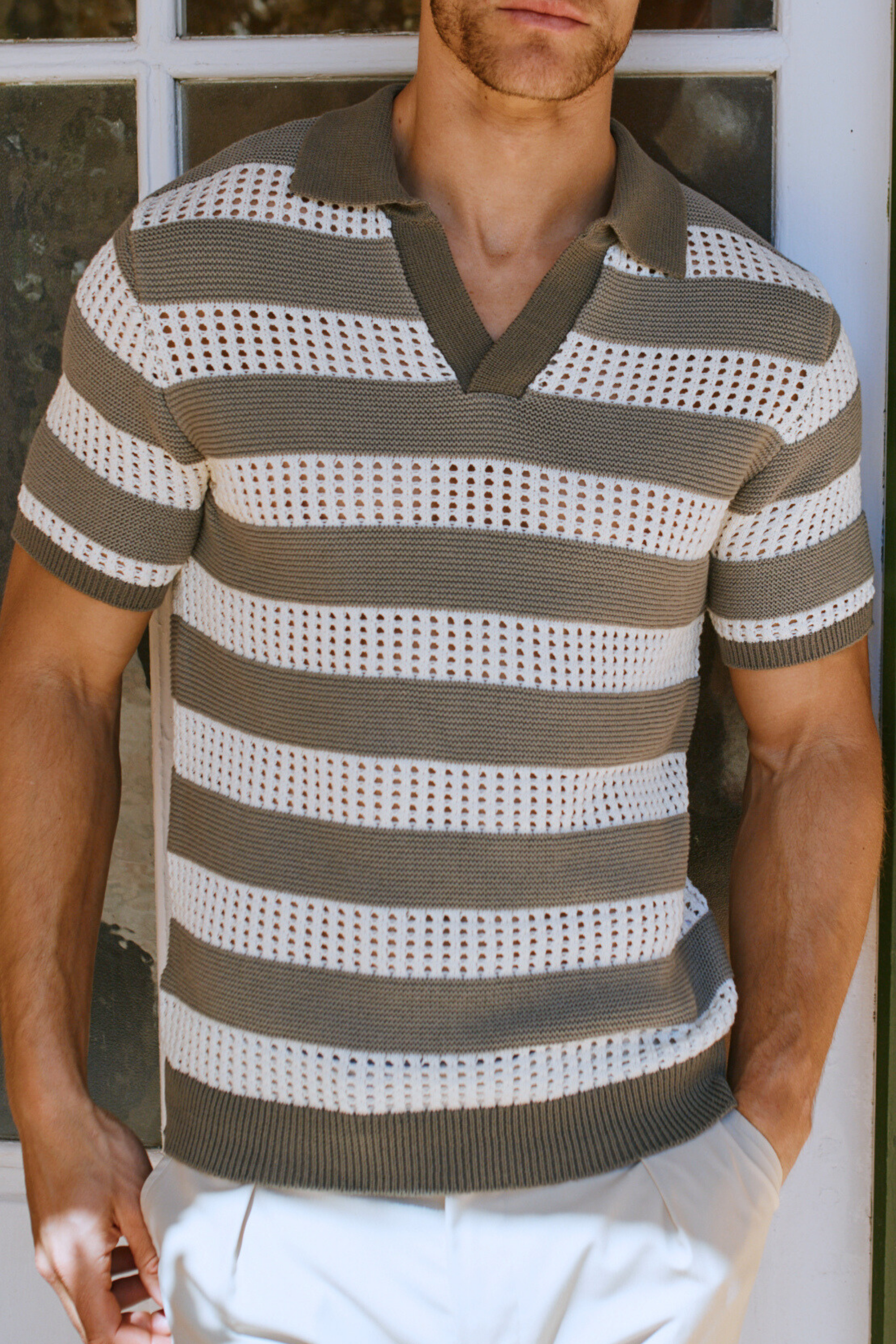 Frattina Crochet Cotton Knit Polo - Sage/Ecru