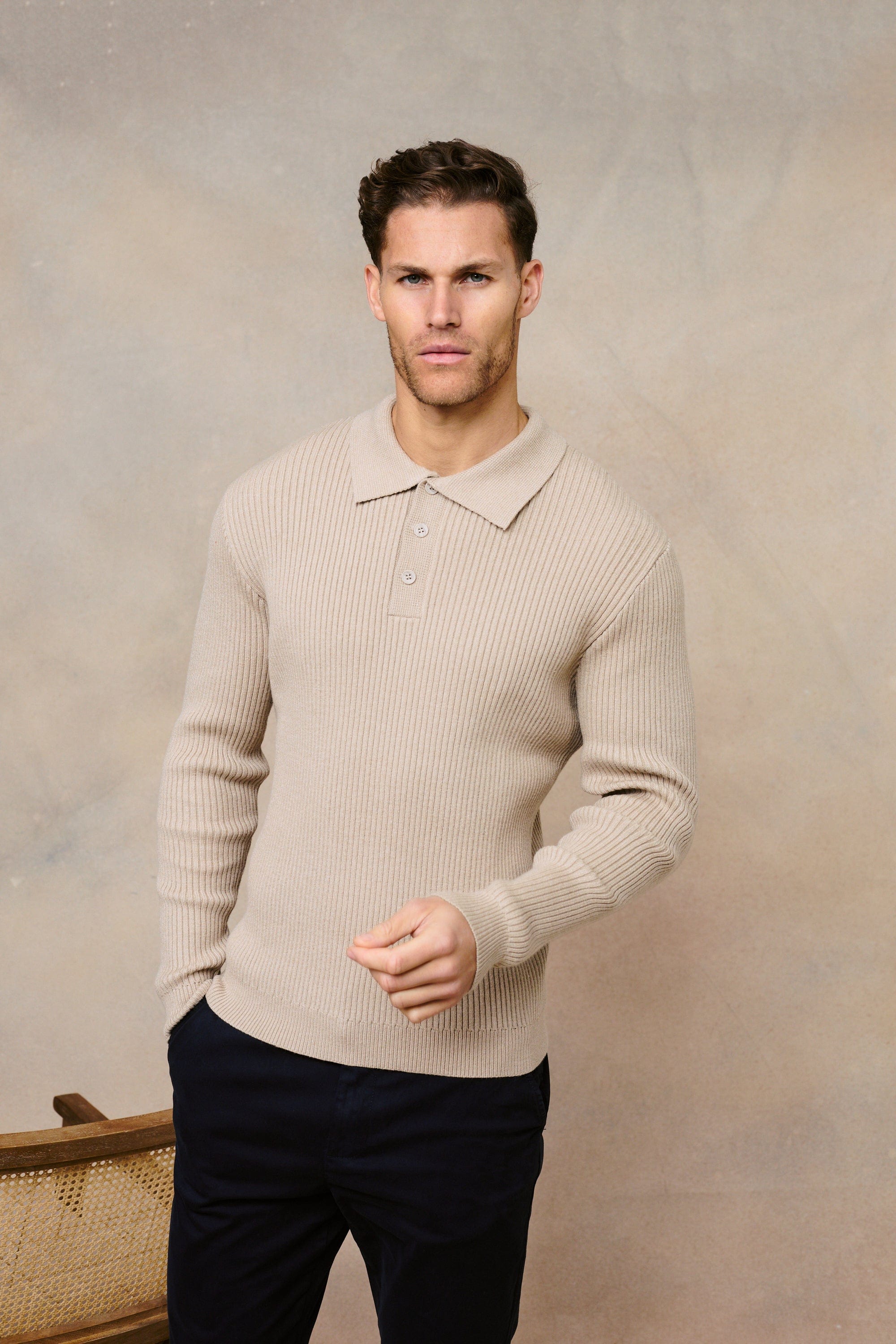 Ethan Ribbed Knitted Long Sleeve Polo - Beige