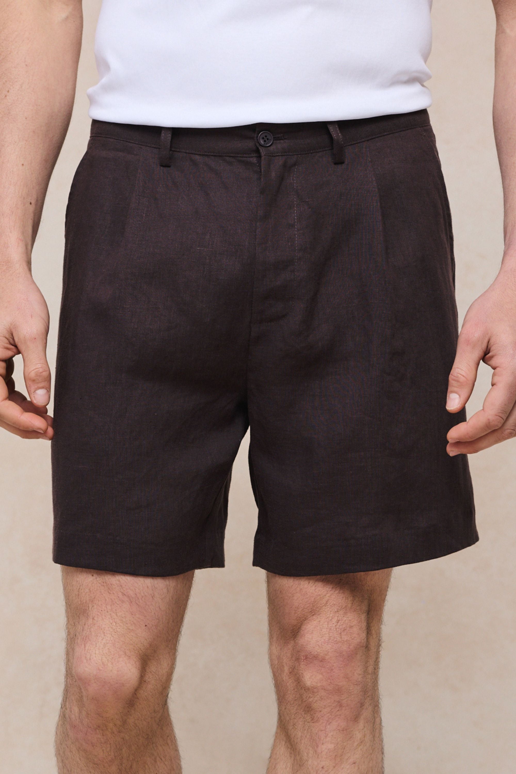 Javier Pleated Waistband Linen Short - Brown