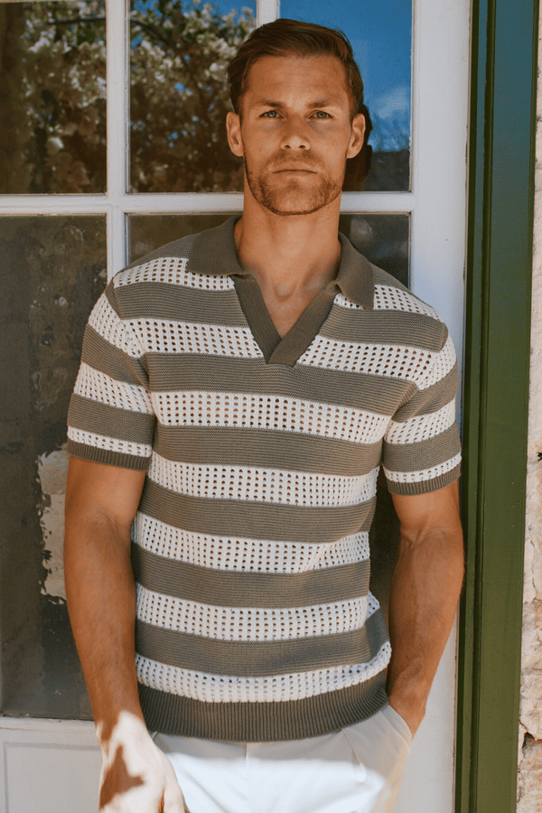 Frattina Crochet Cotton Knit Polo - Sage/Ecru