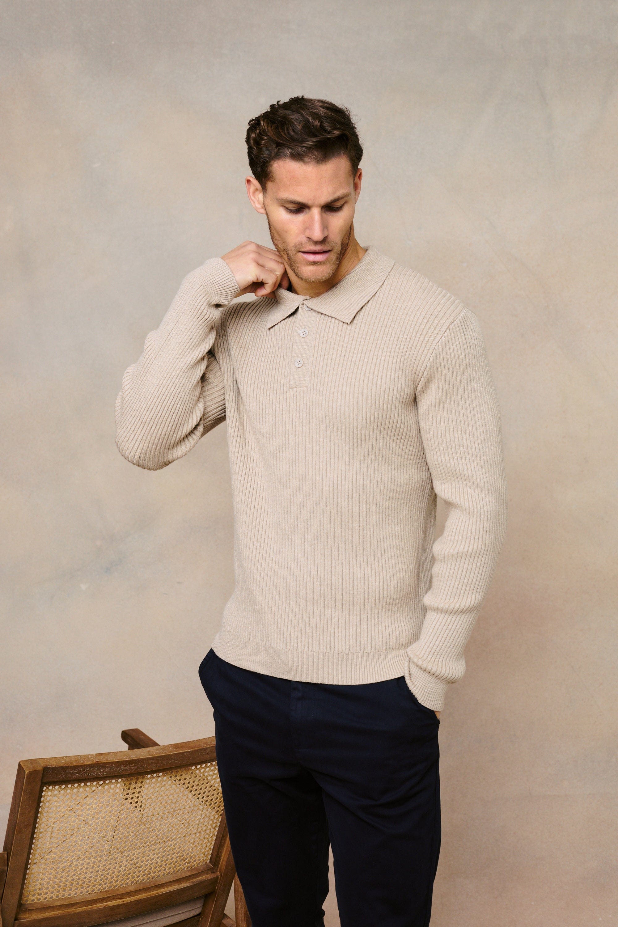 Ethan Ribbed Knitted Long Sleeve Polo - Beige