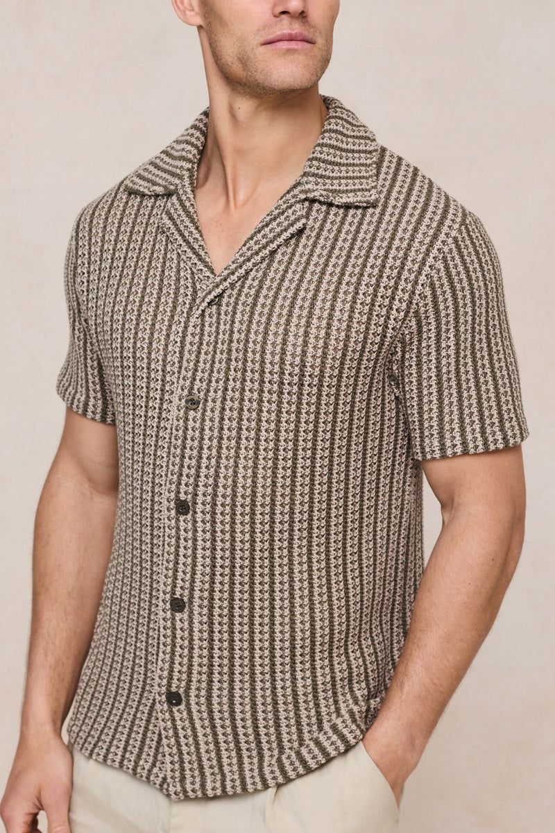 Salvador Knitted Camp Collar Shirt - Khaki/Sand