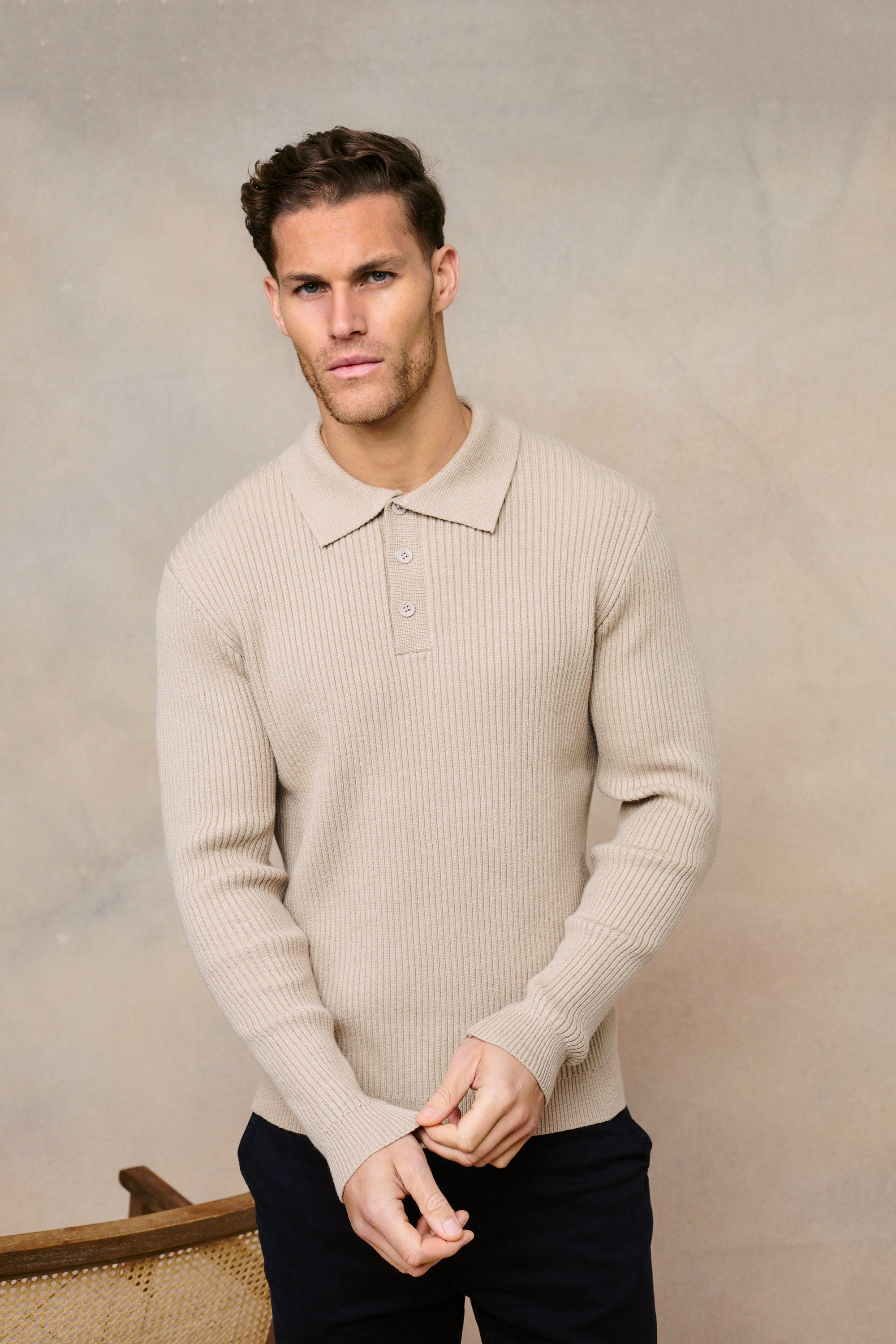 Ethan Ribbed Knitted Long Sleeve Polo - Beige