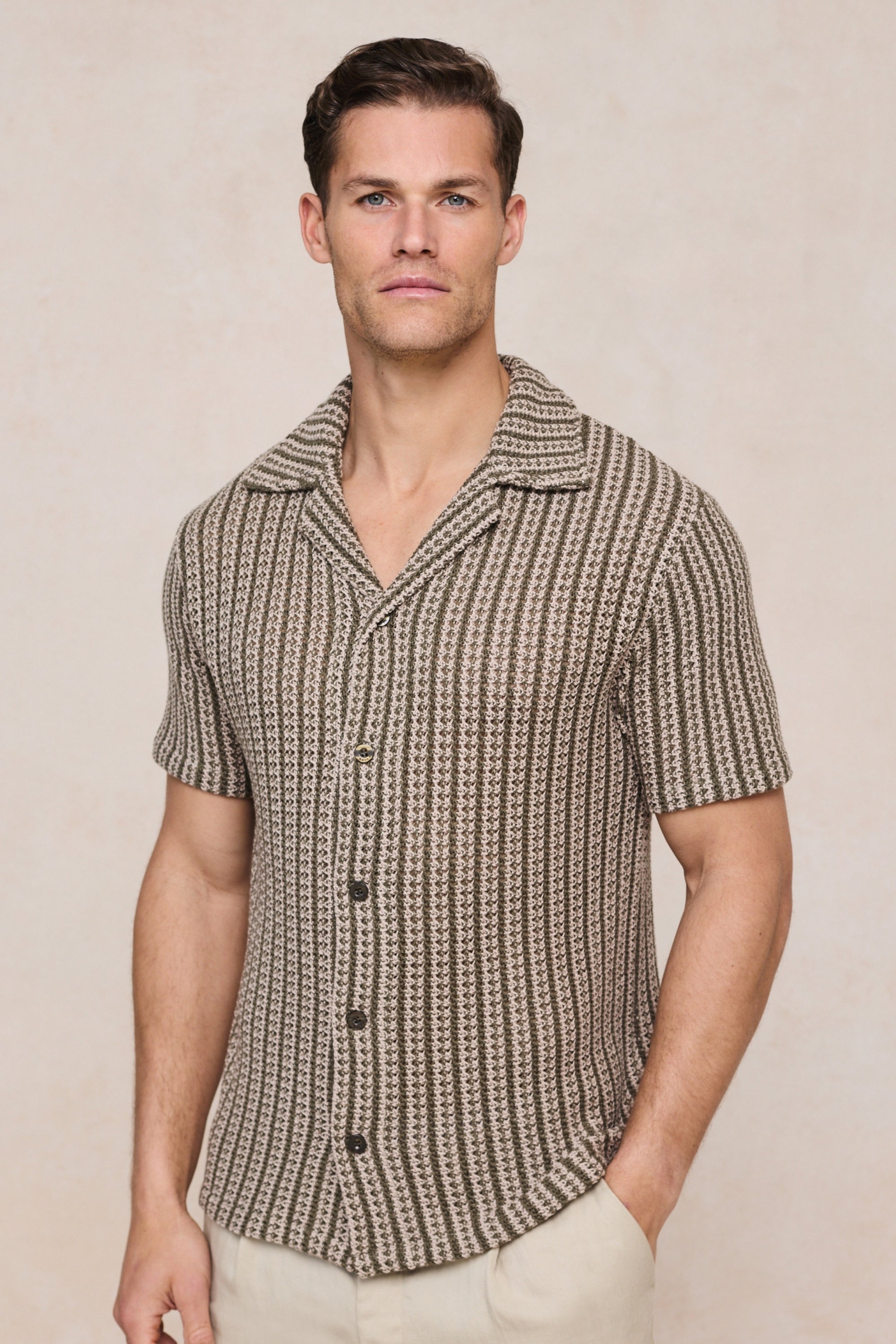 Salvador Knitted Camp Collar Shirt - Khaki/Sand