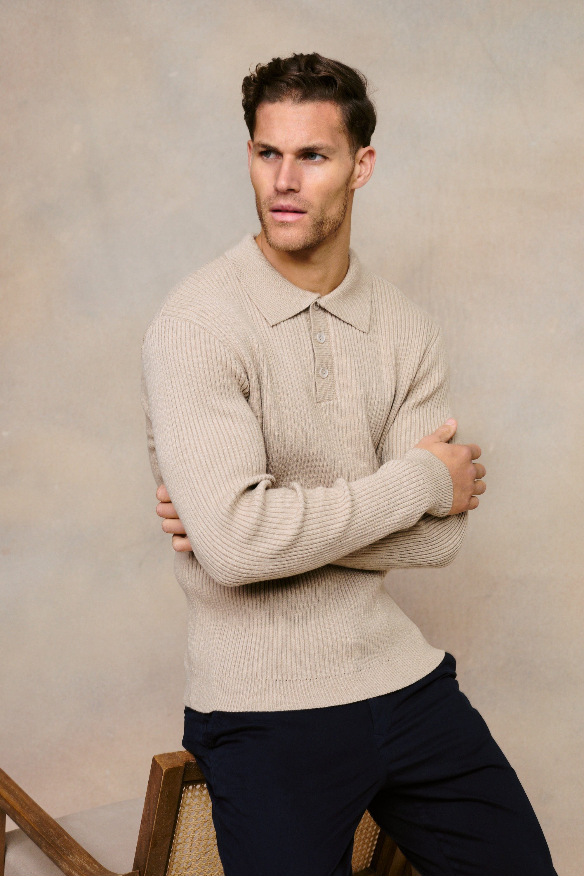 Ethan Ribbed Knitted Long Sleeve Polo - Beige