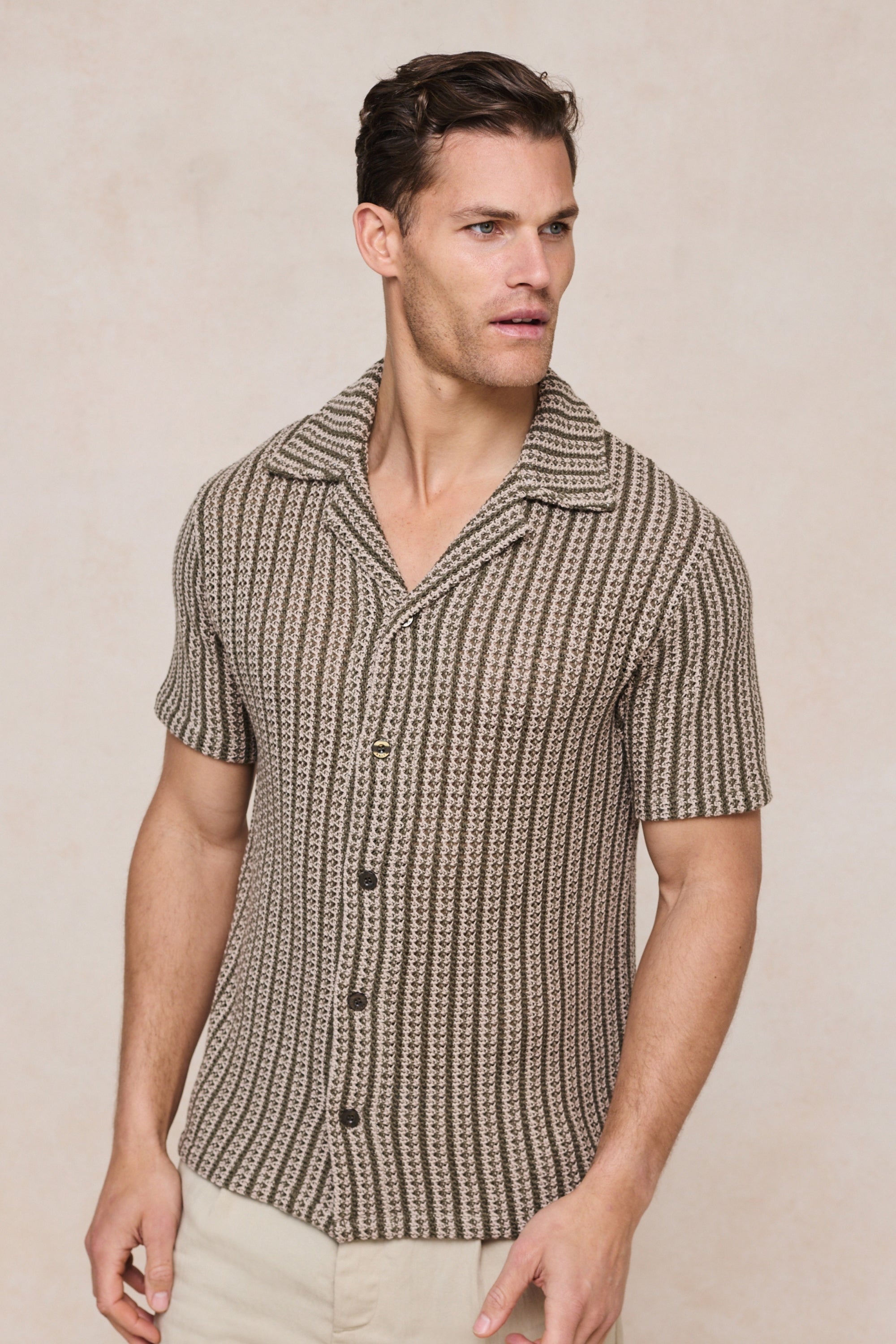Salvador Knitted Camp Collar Shirt - Khaki/Sand