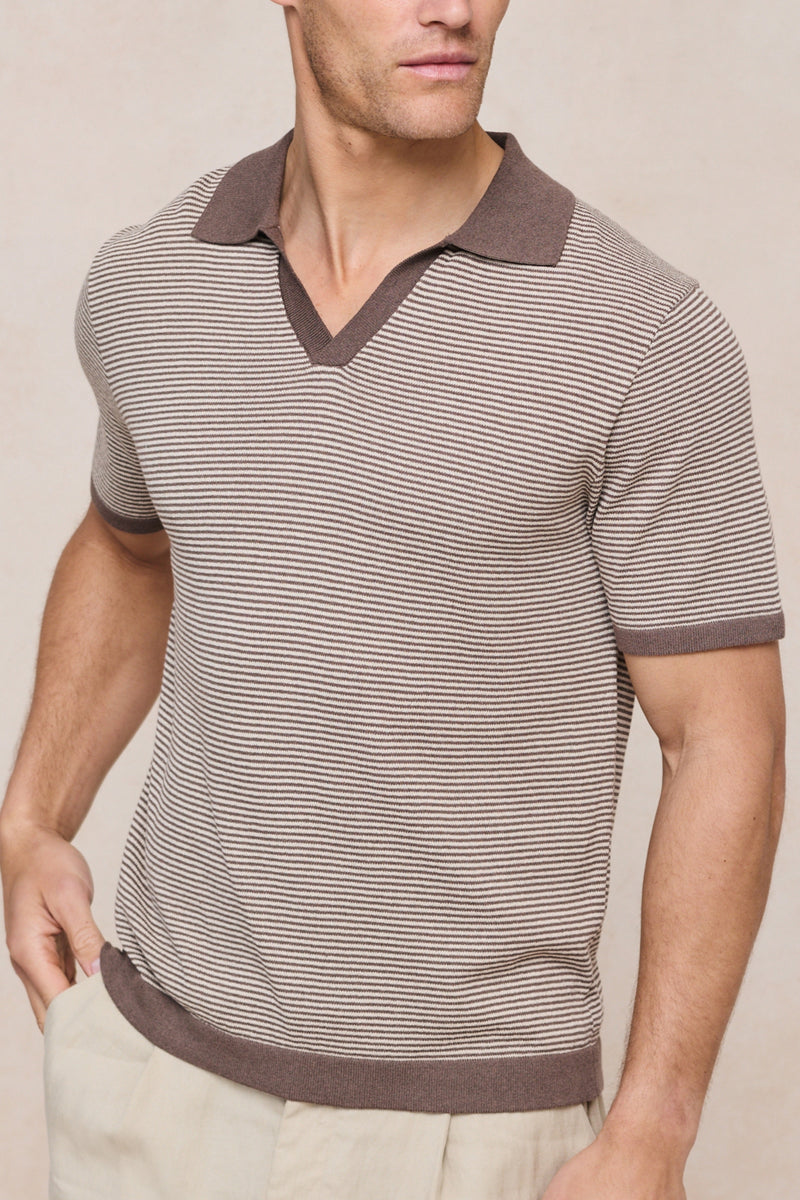 Antonio Contrast Trim Striped Linen Polo - Brown/Beige