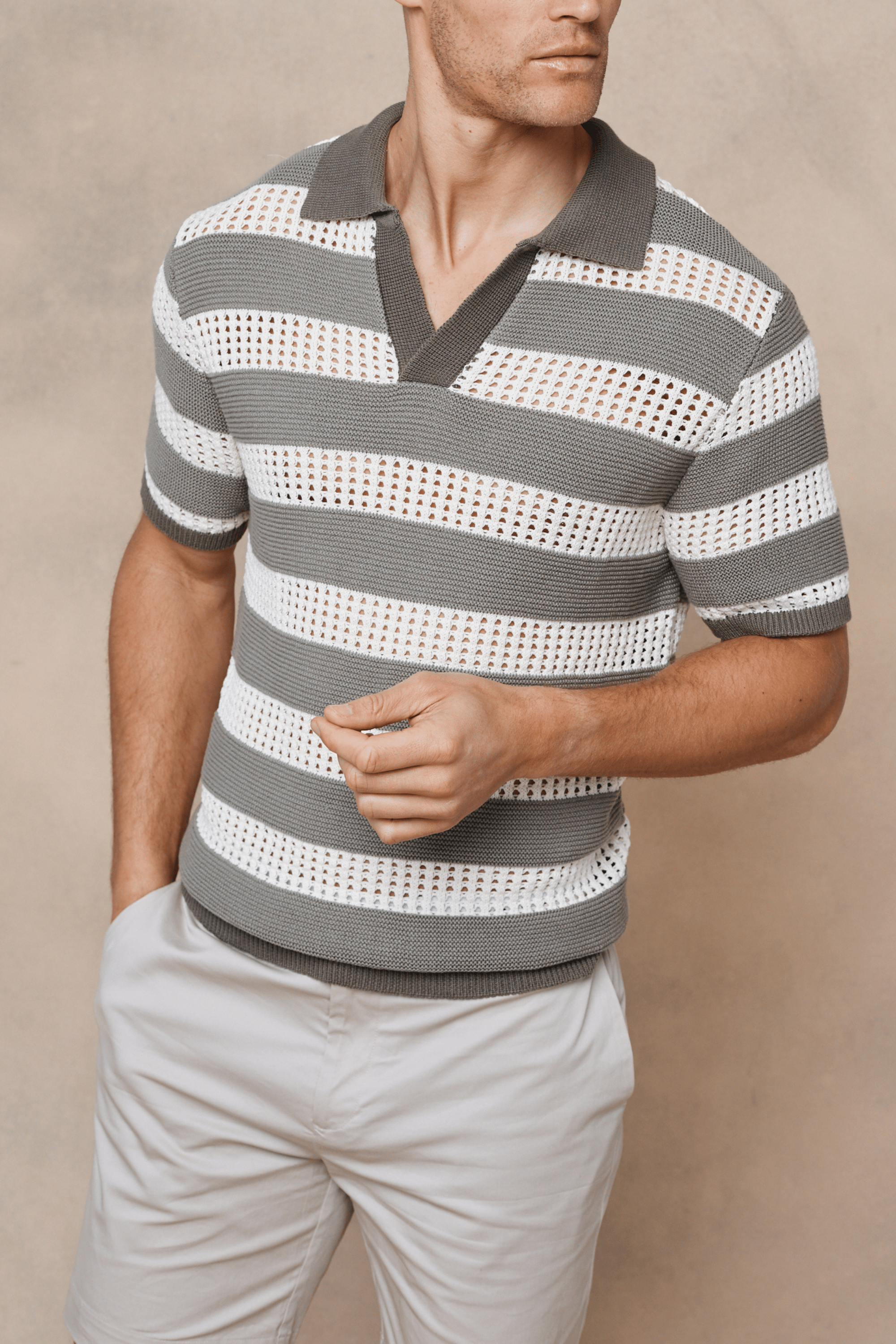 Frattina Crochet Cotton Knit Polo - Sage/Ecru