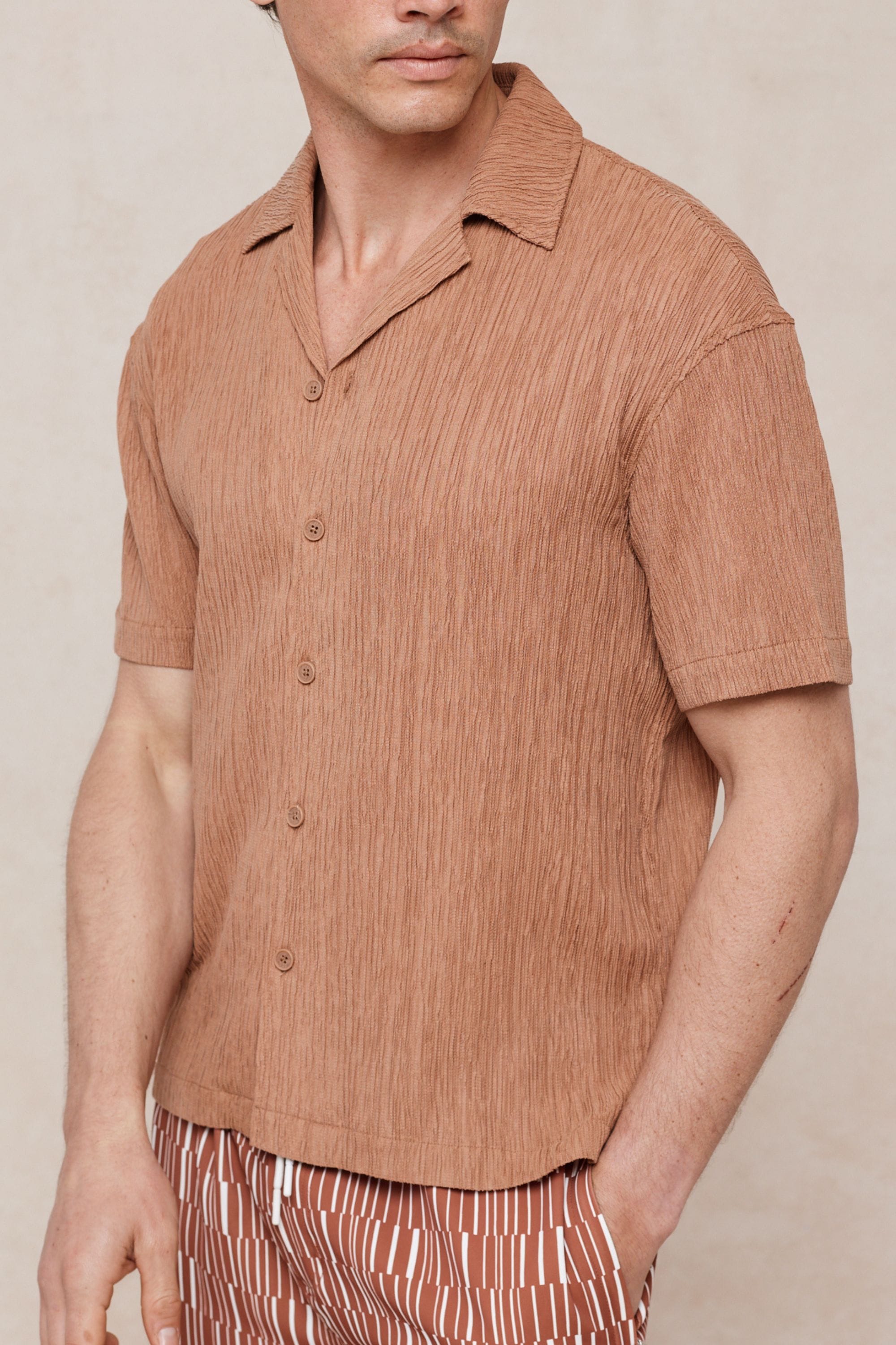 Gabriel Crinkled Tencel Short Sleeve Shirt - Rust