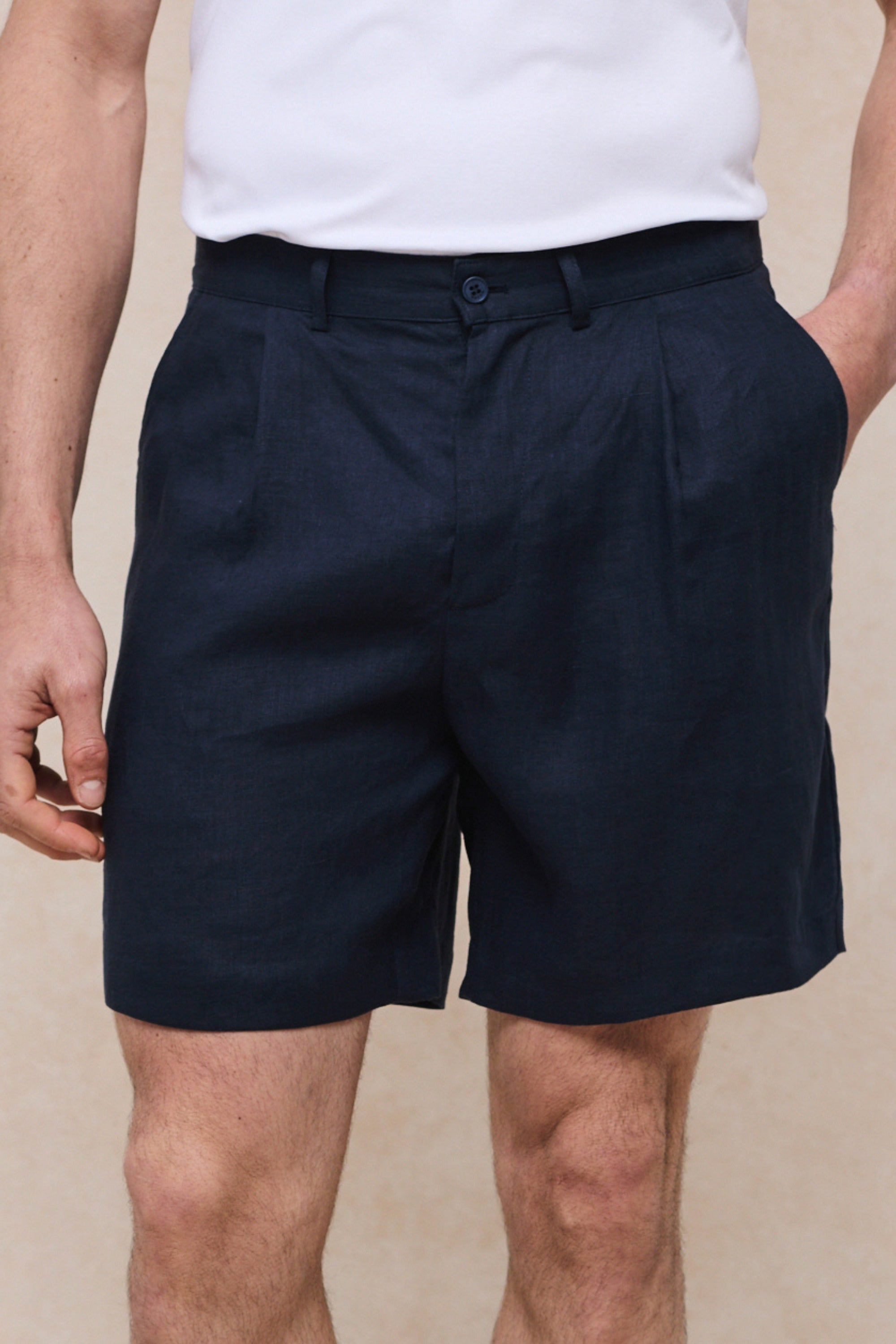 Javier Pleated Waistband Linen Short - Navy