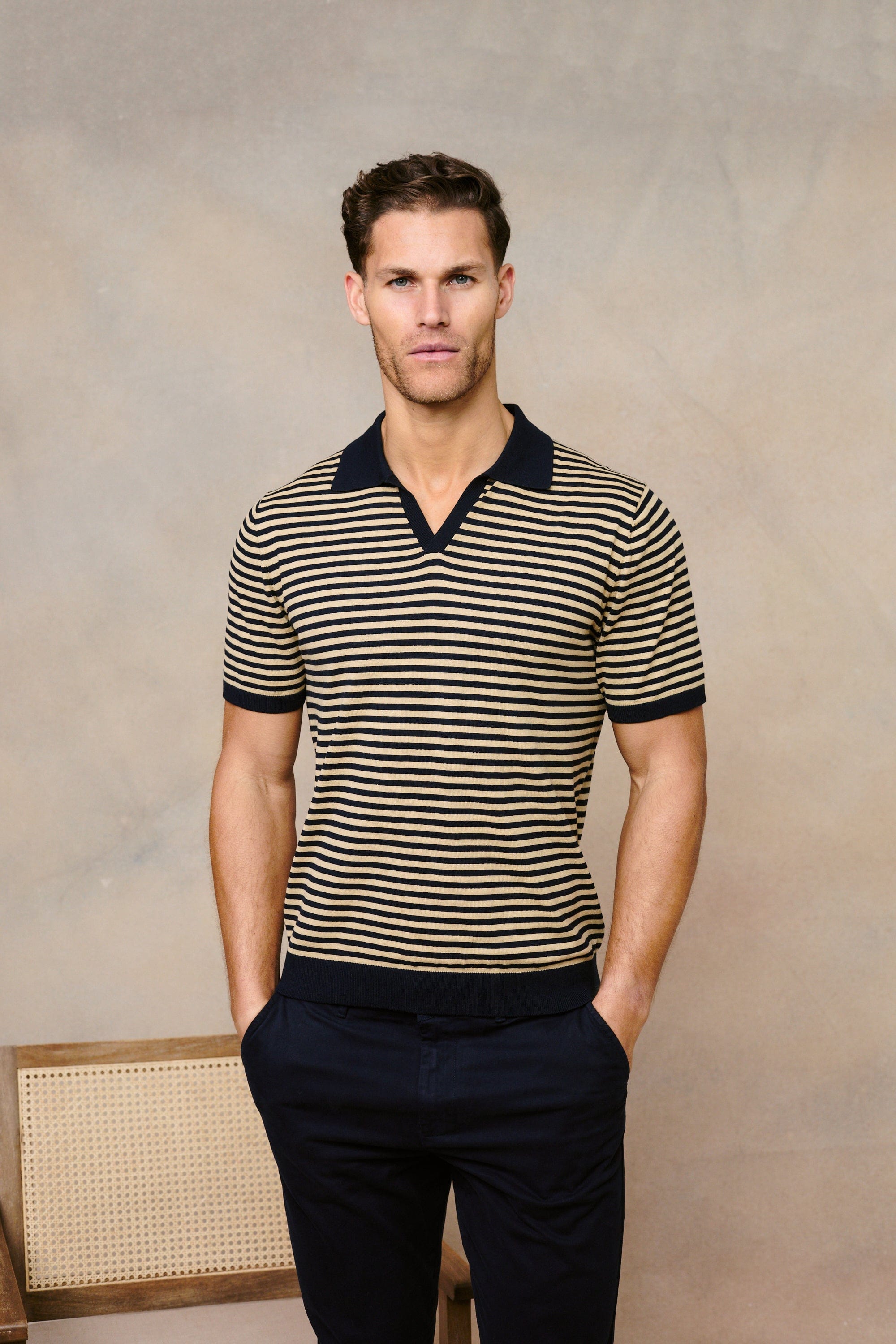 Privia Knitted Open Neck Polo - Beige/Navy