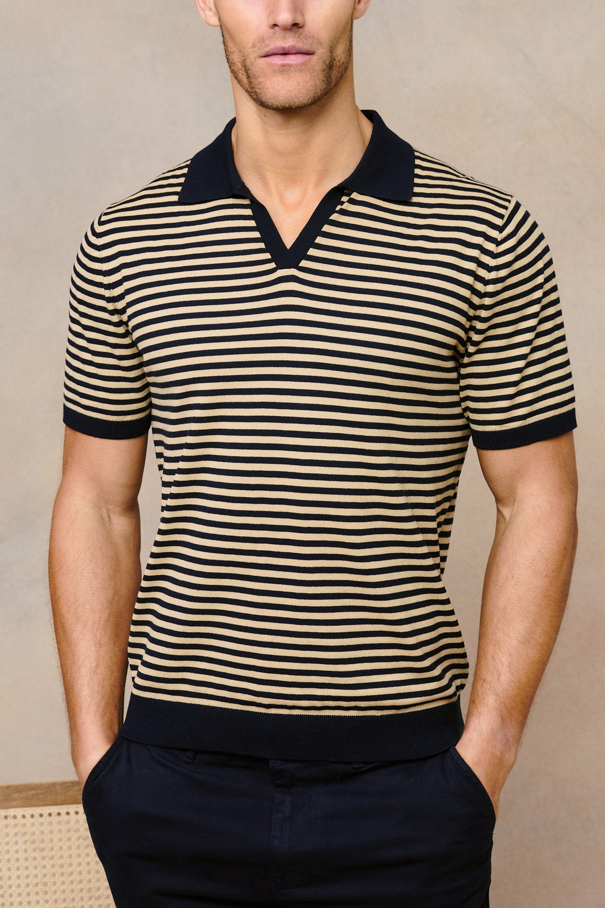 Privia Knitted Open Neck Polo - Beige/Navy