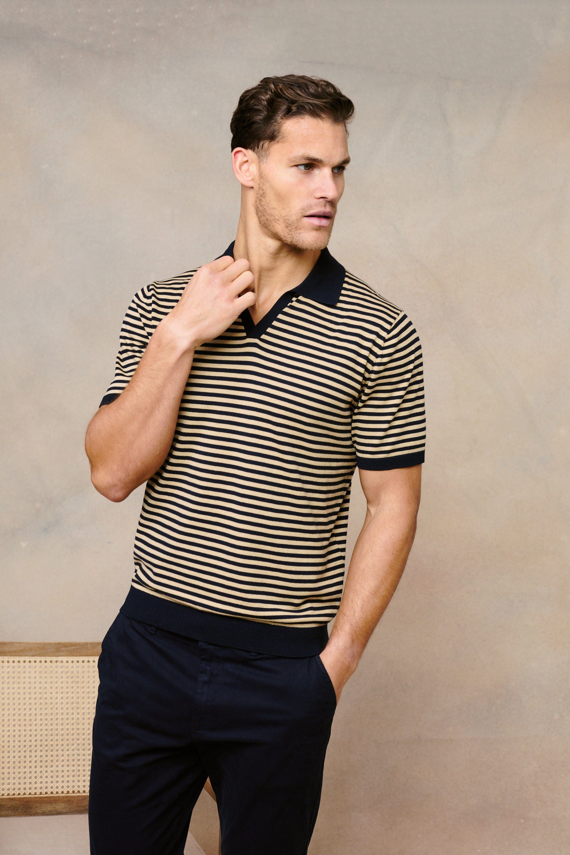 Privia Knitted Open Neck Polo - Beige/Navy