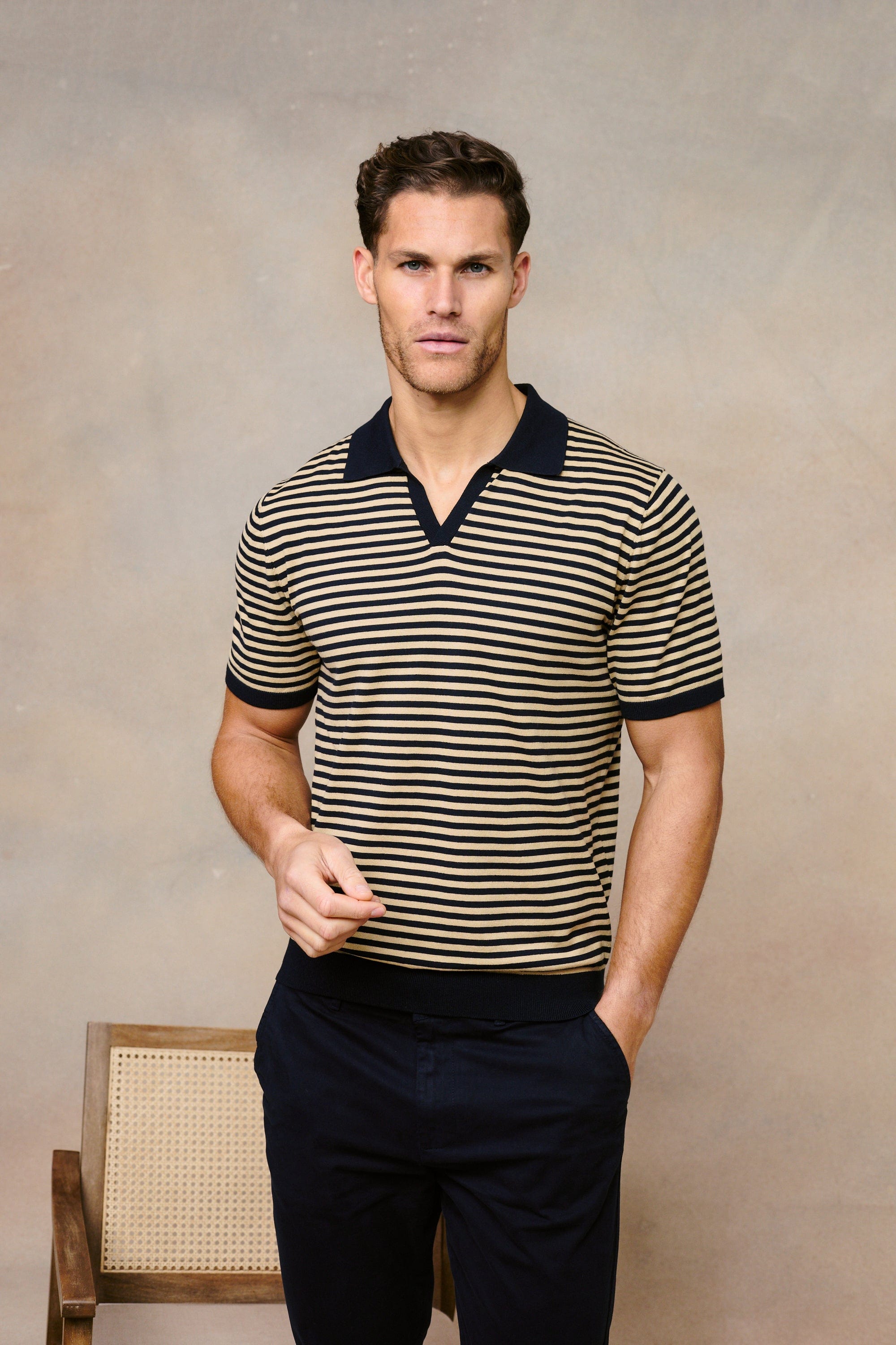 Privia Knitted Open Neck Polo - Beige/Navy