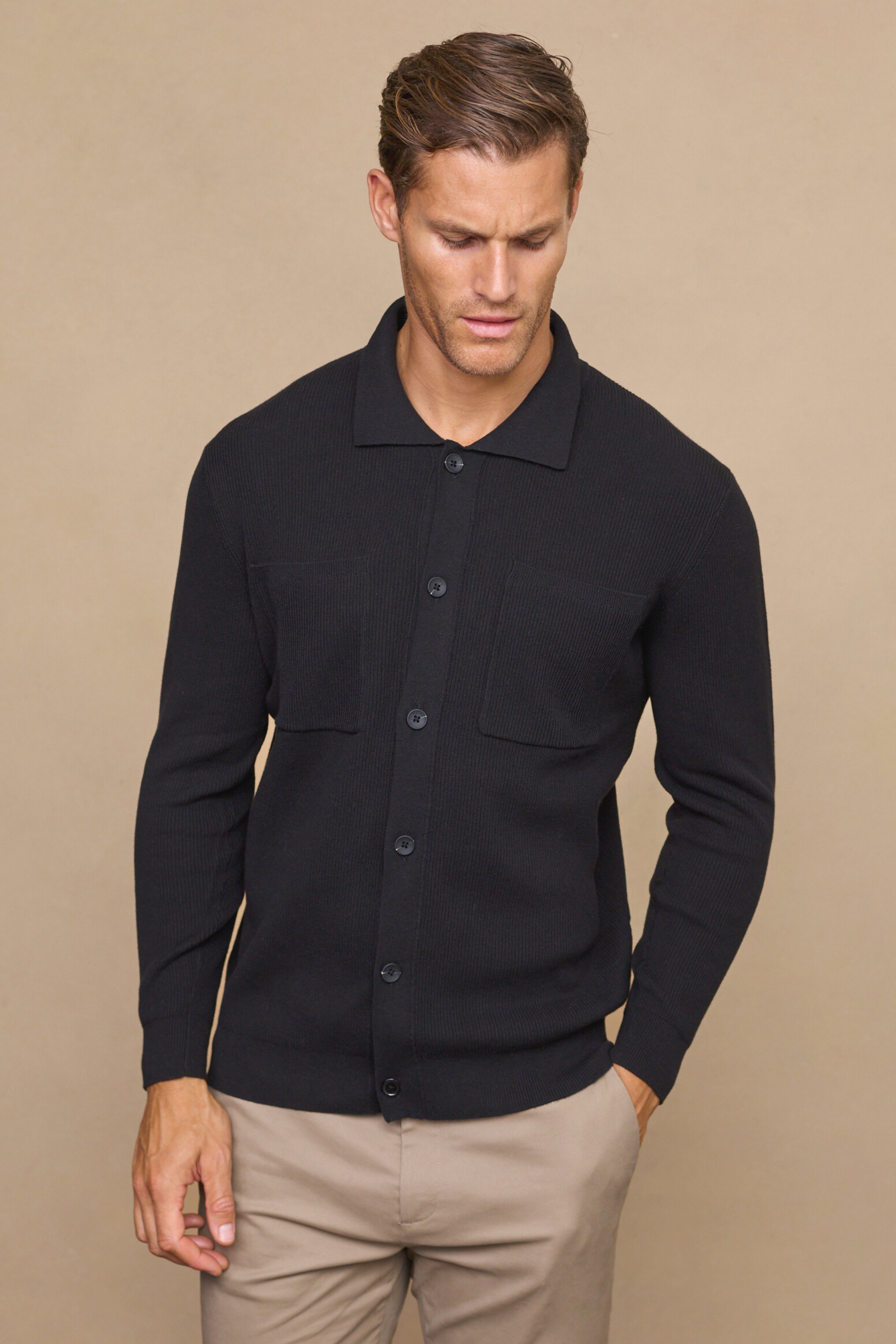 Elias Rib Top Pocket Cardigan - Black